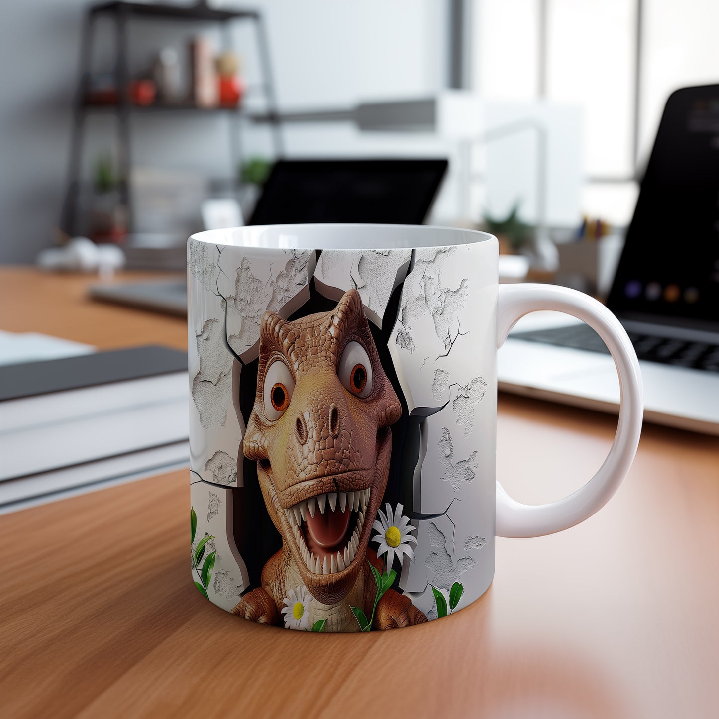 Hrnek s dinosaurusem 3D efektem – černobílým motivem