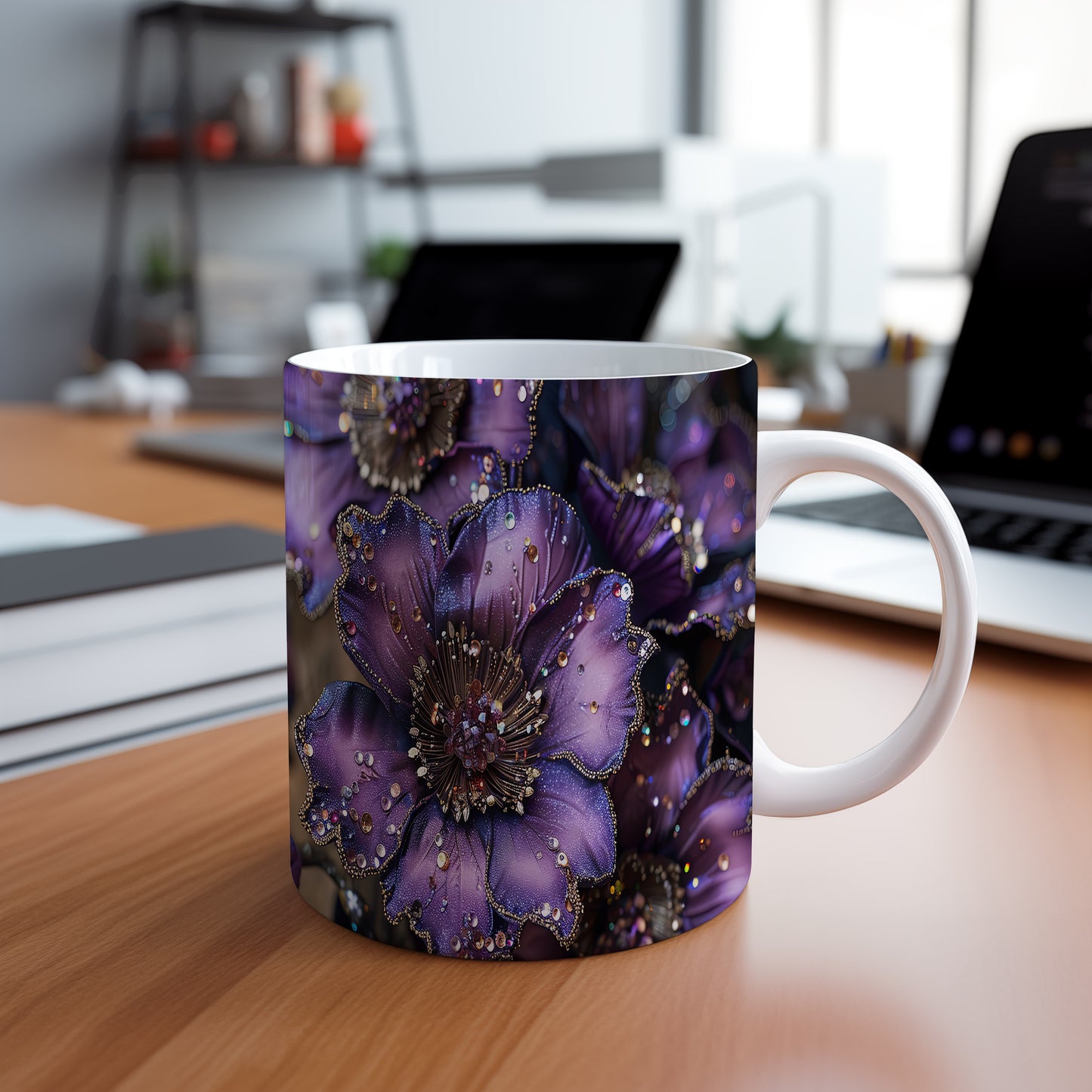 Hrnek s fialovými květinami a elegantními detaily