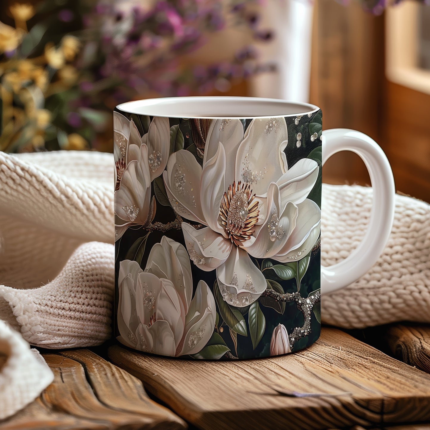 Hrnek s elegantními bílými květy magnolie