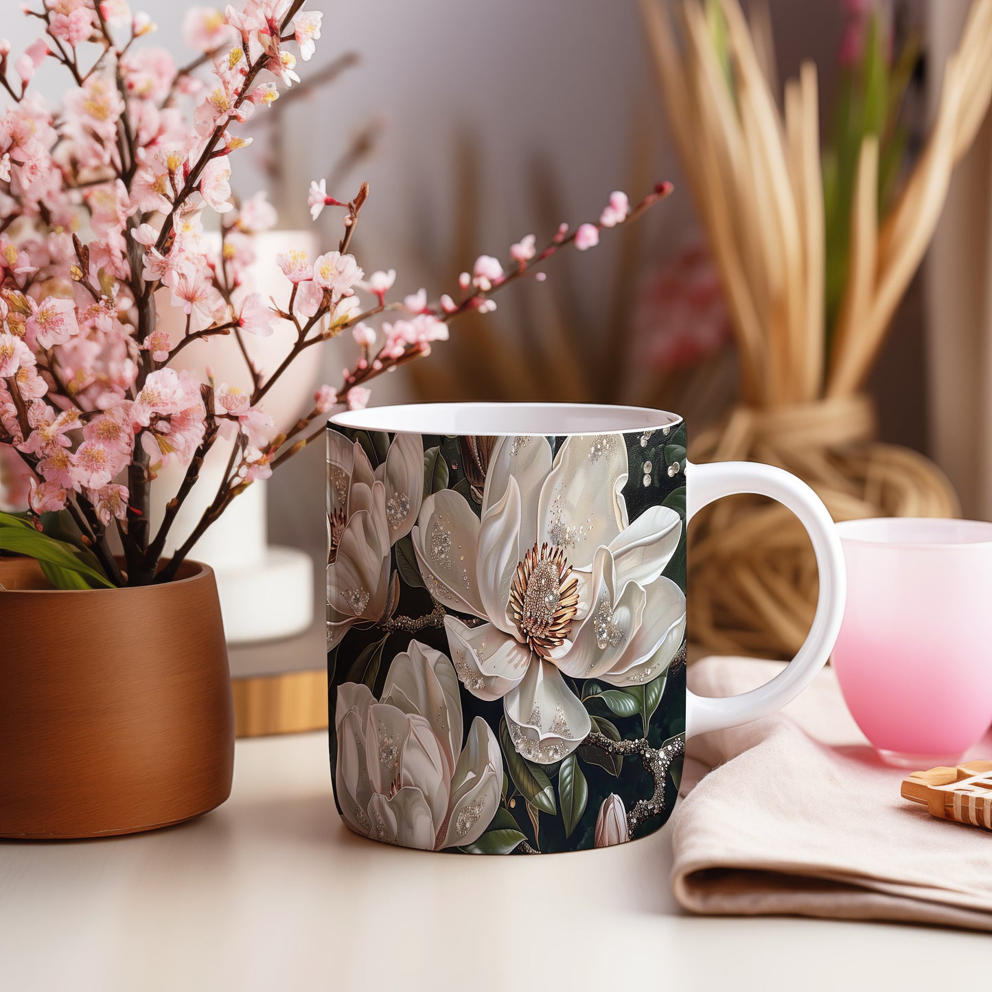 Hrnek s elegantními bílými květy magnolie