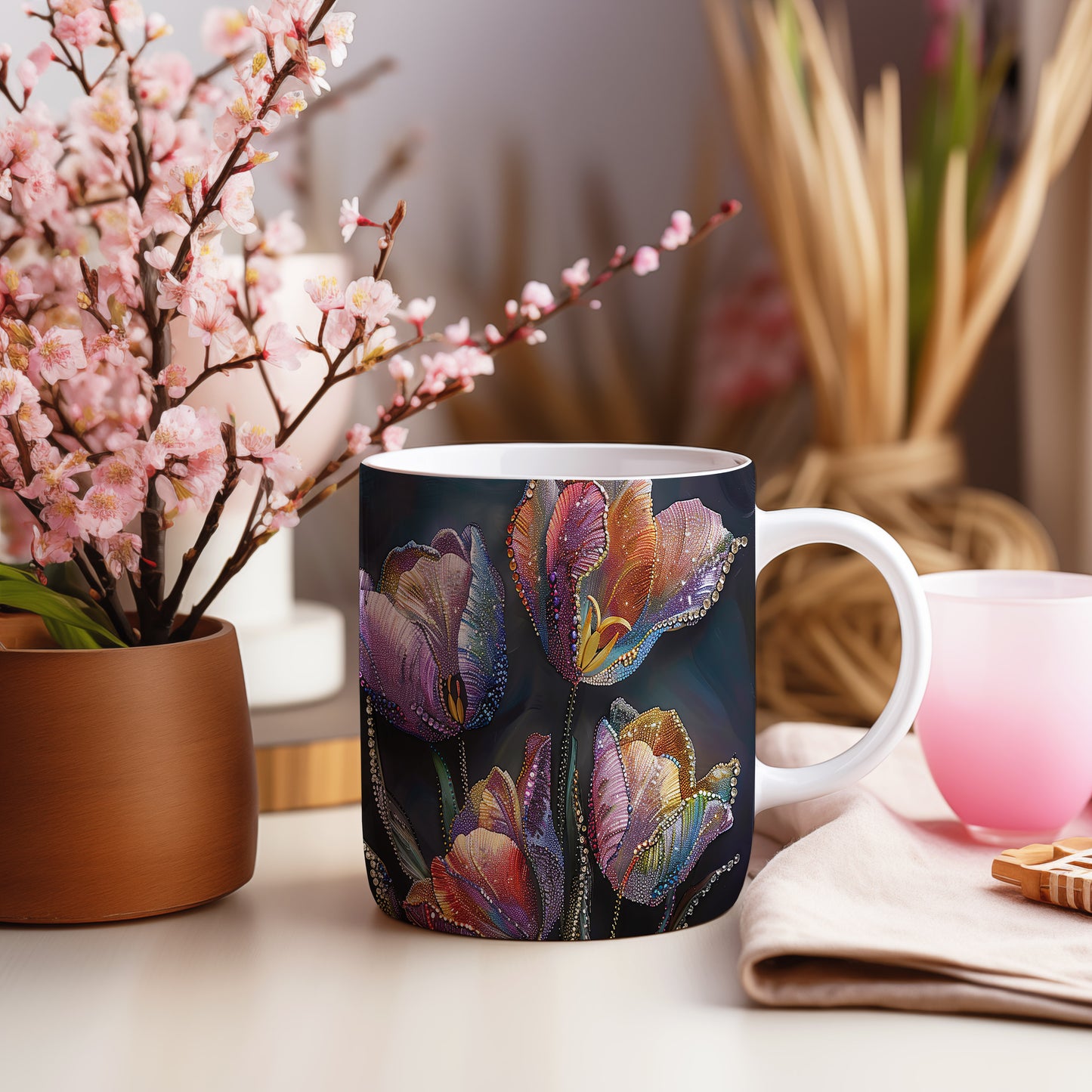 Hrnek s barevnými tulipány