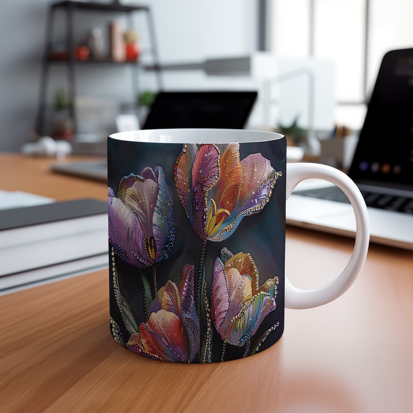 Hrnek s barevnými tulipány