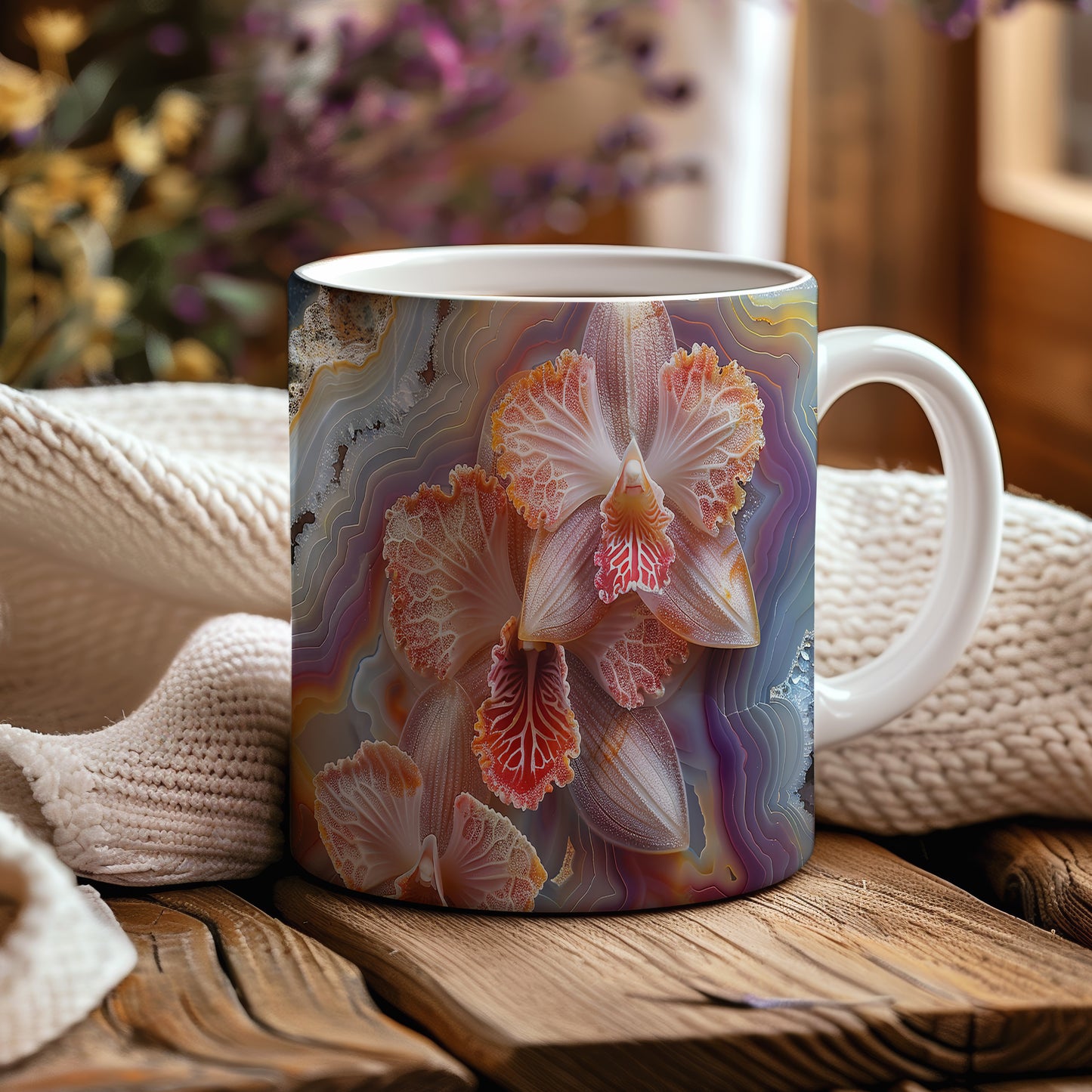Hrnek s květinovým motivem orchidejí – malířským vzhledem