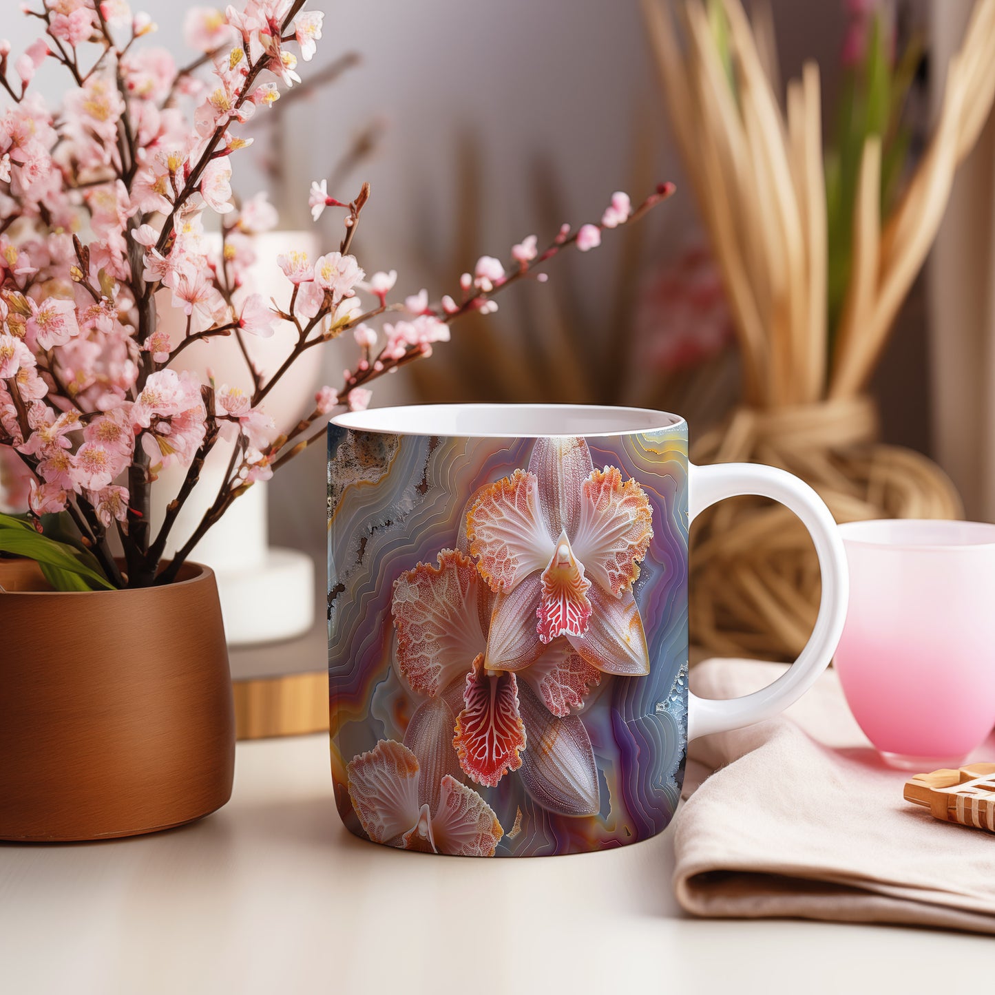 Hrnek s květinovým motivem orchidejí – malířským vzhledem