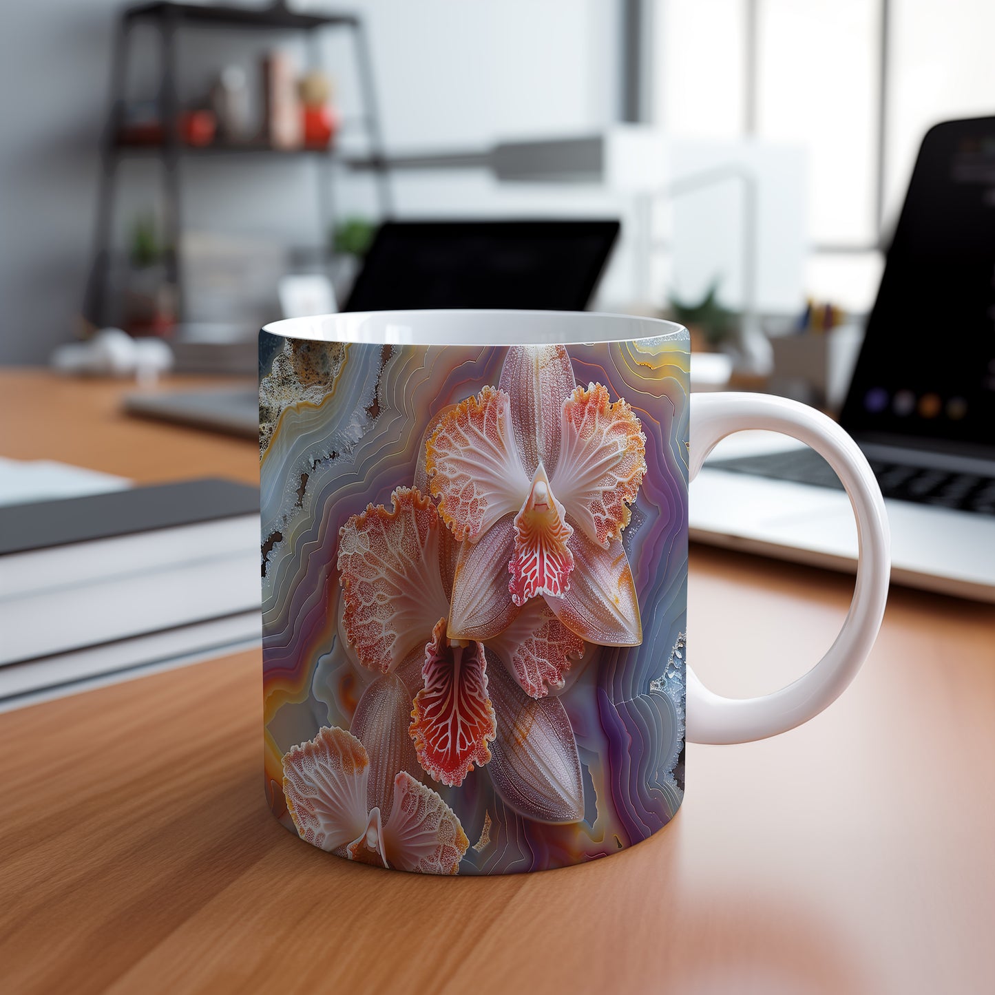 Hrnek s květinovým motivem orchidejí – malířským vzhledem