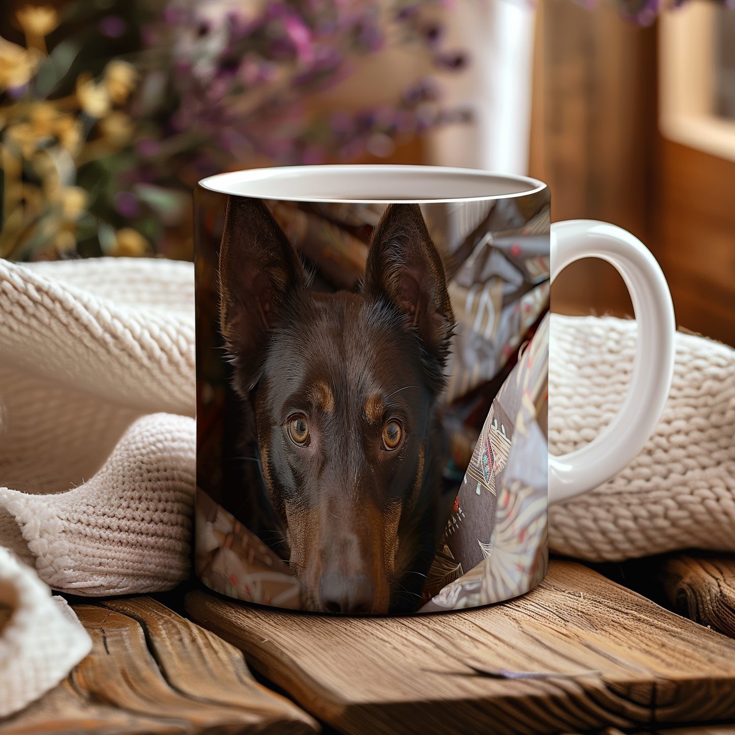 Hrnek s realistickým portrétem psa Kelpie – černým akcentem