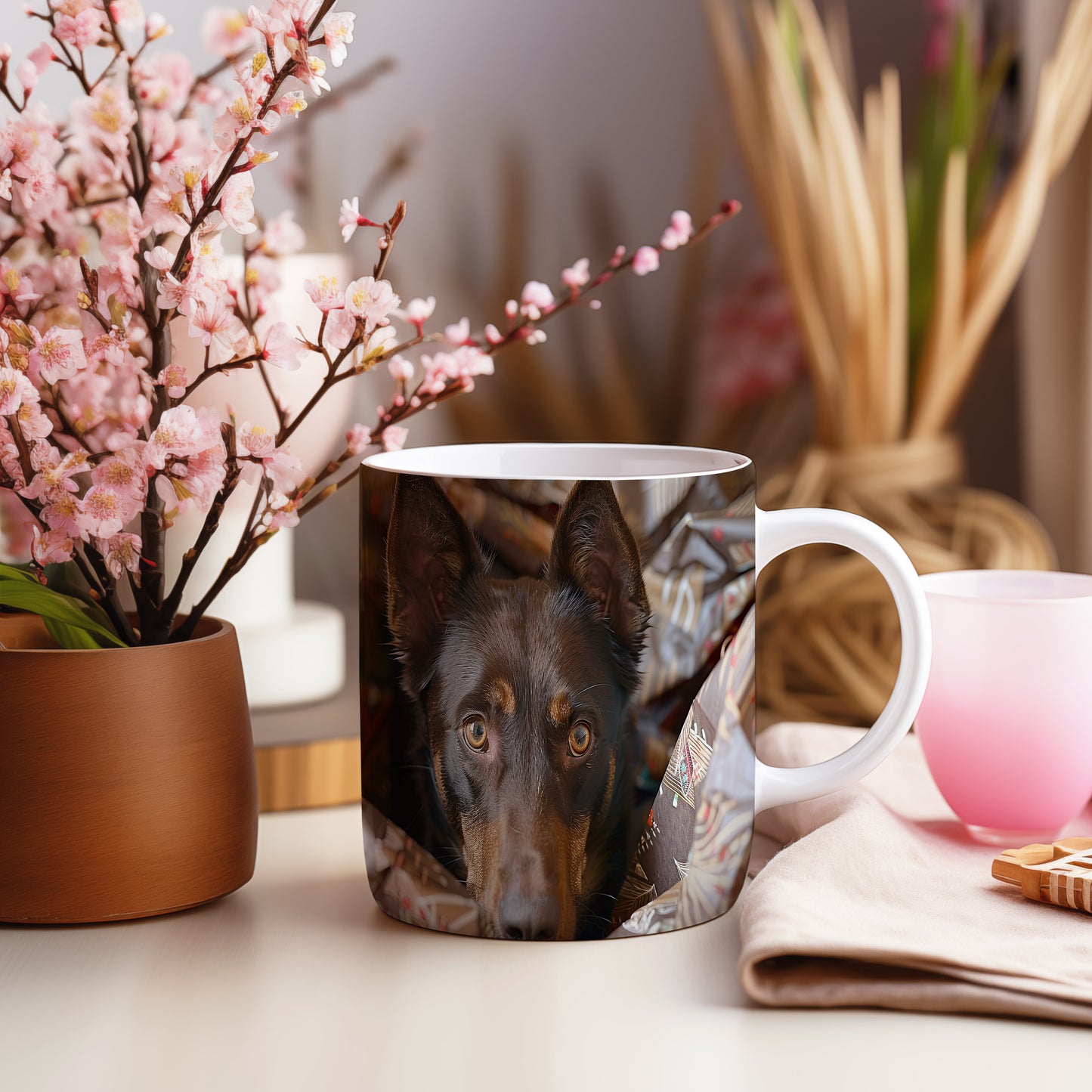 Hrnek s realistickým portrétem psa Kelpie – černým akcentem