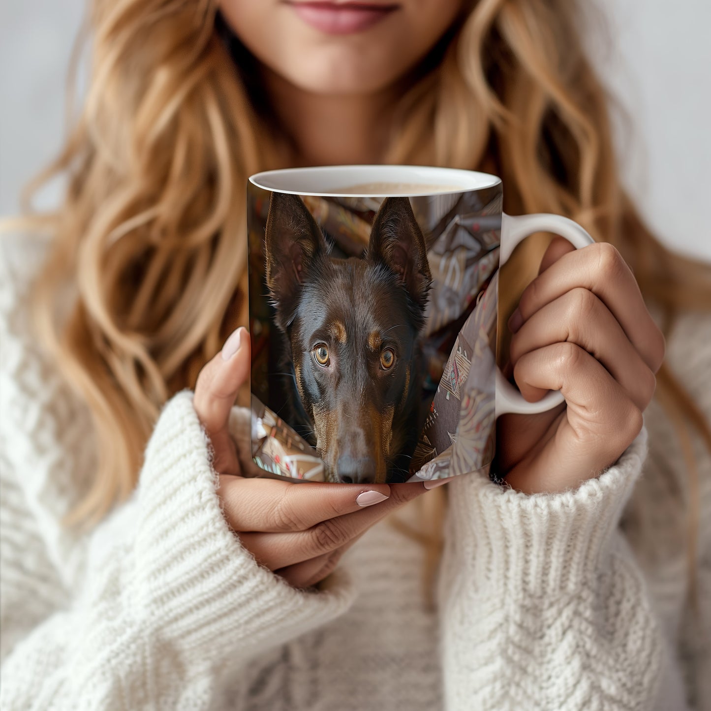 Hrnek s realistickým portrétem psa Kelpie – černým akcentem