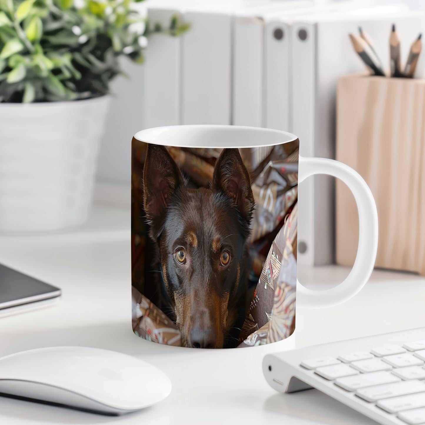 Hrnek s realistickým portrétem psa Kelpie – černým akcentem