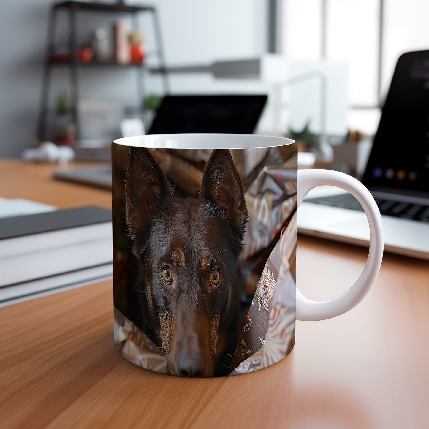 Hrnek s realistickým portrétem psa Kelpie – černým akcentem