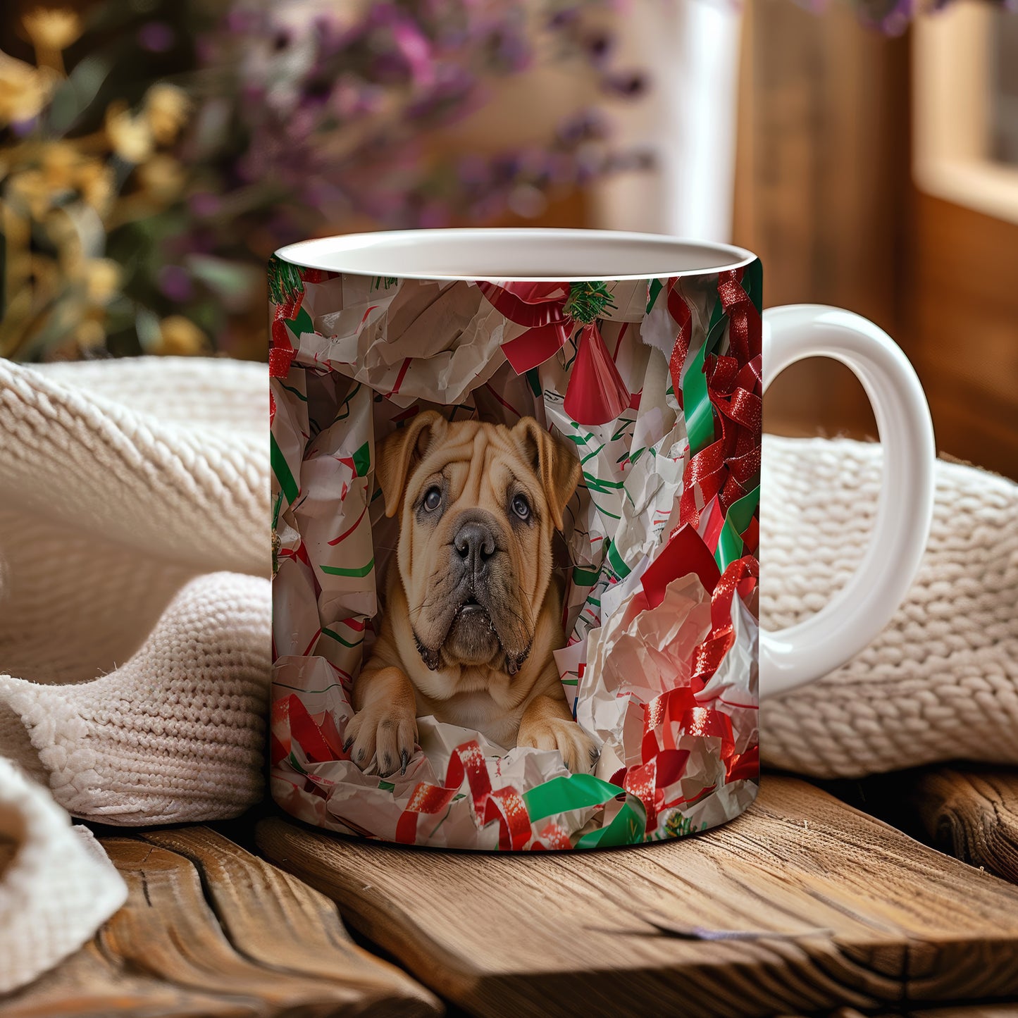 Hrnek s roztomilým Shar pei a dárkovým papírem