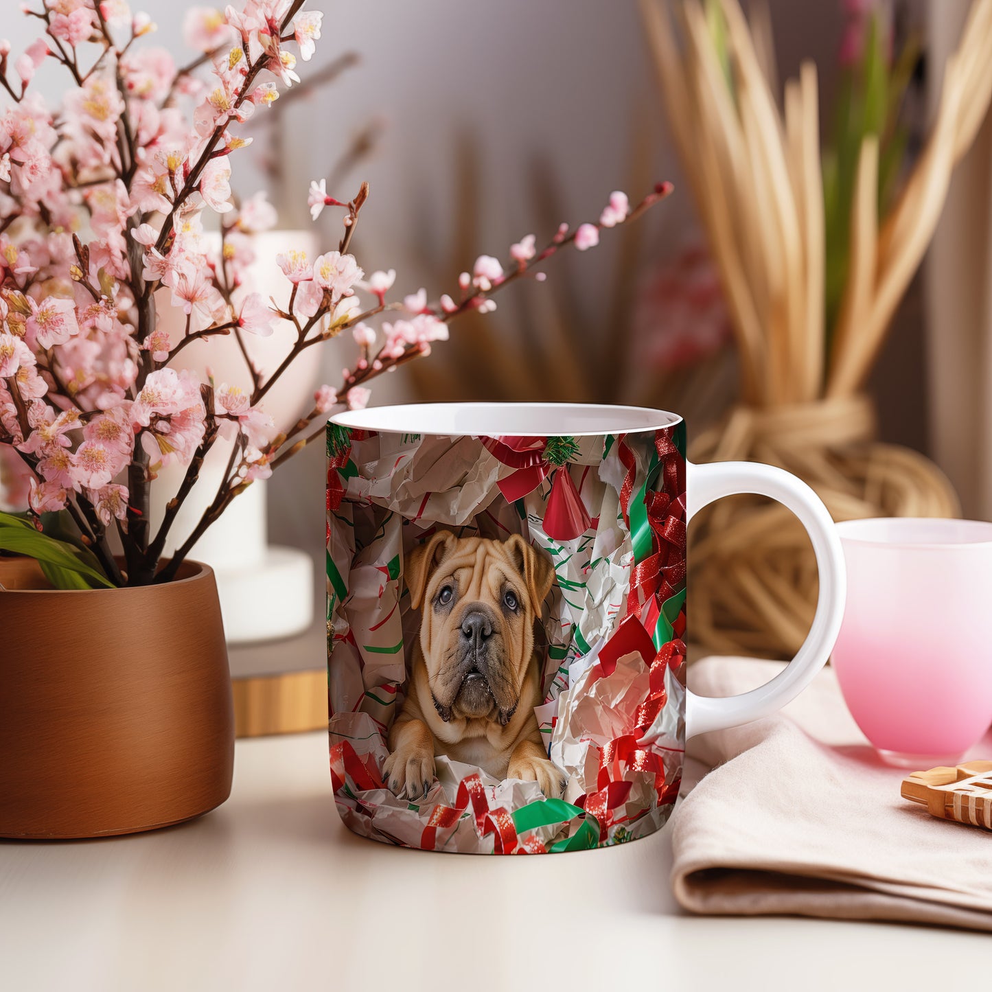 Hrnek s roztomilým Shar pei a dárkovým papírem