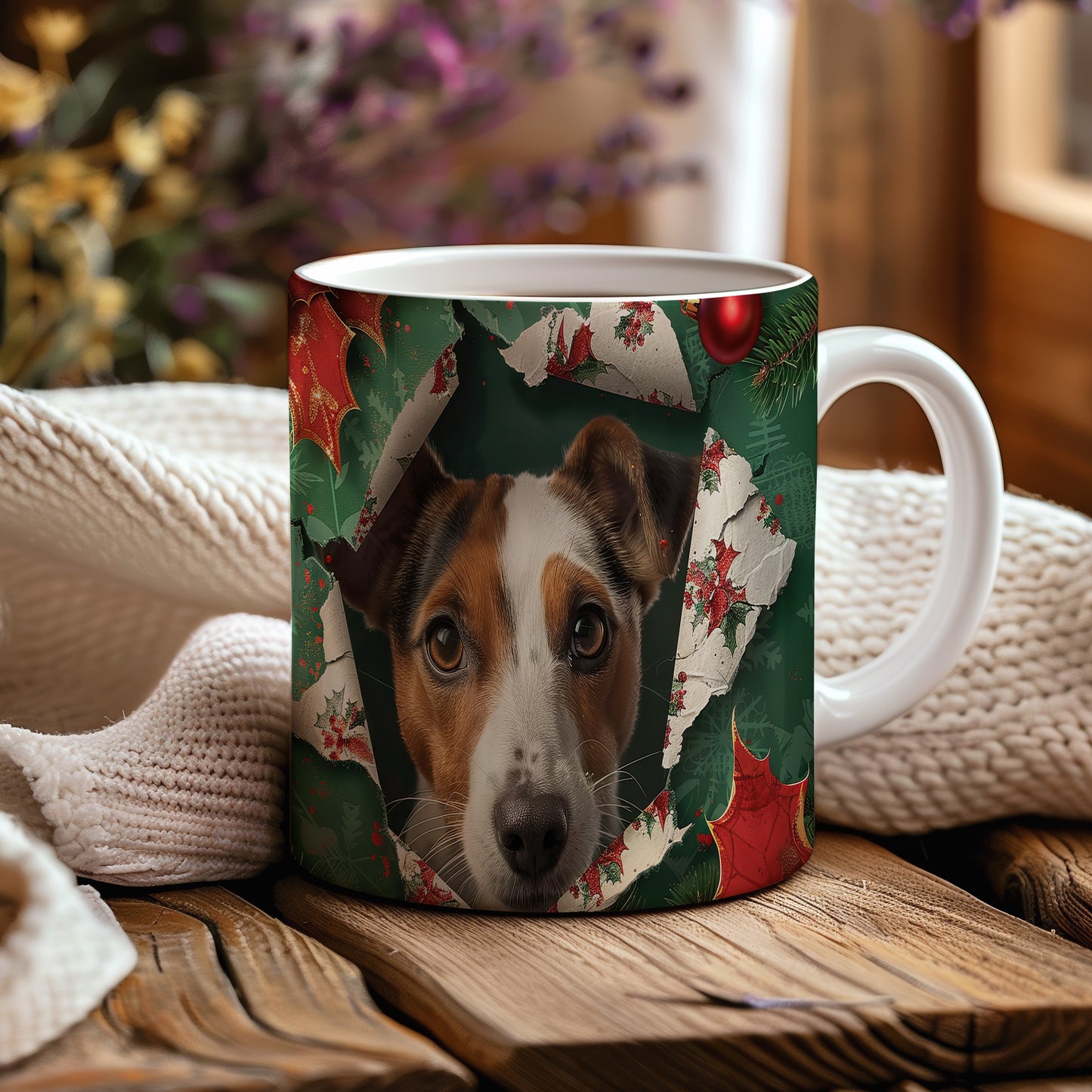 Hrnek s Jack Russell teriérem a vánočním motivem