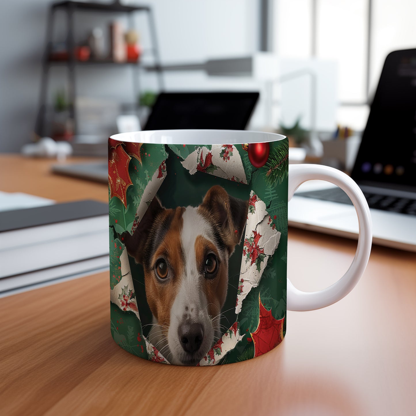 Hrnek s Jack Russell teriérem a vánočním motivem