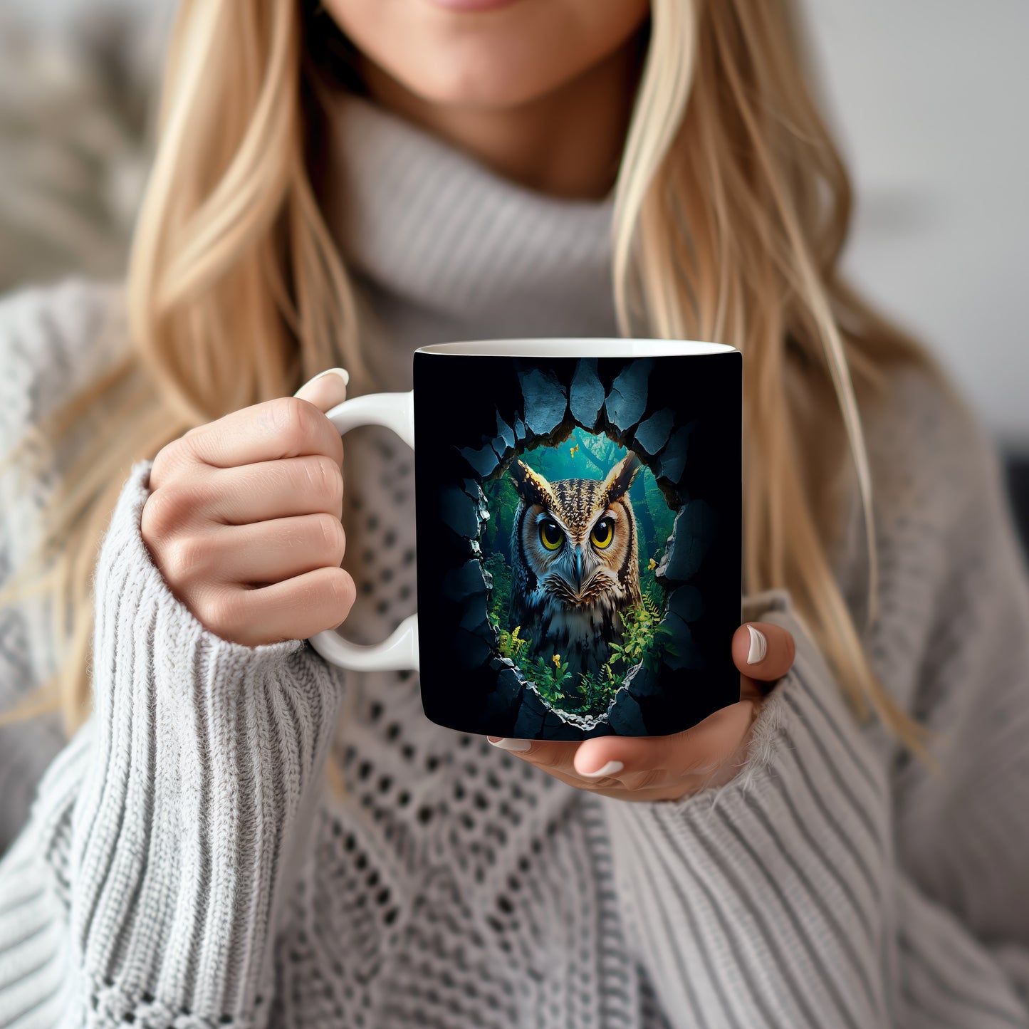 Hrnek s motivem sovy s mystickým pozadím