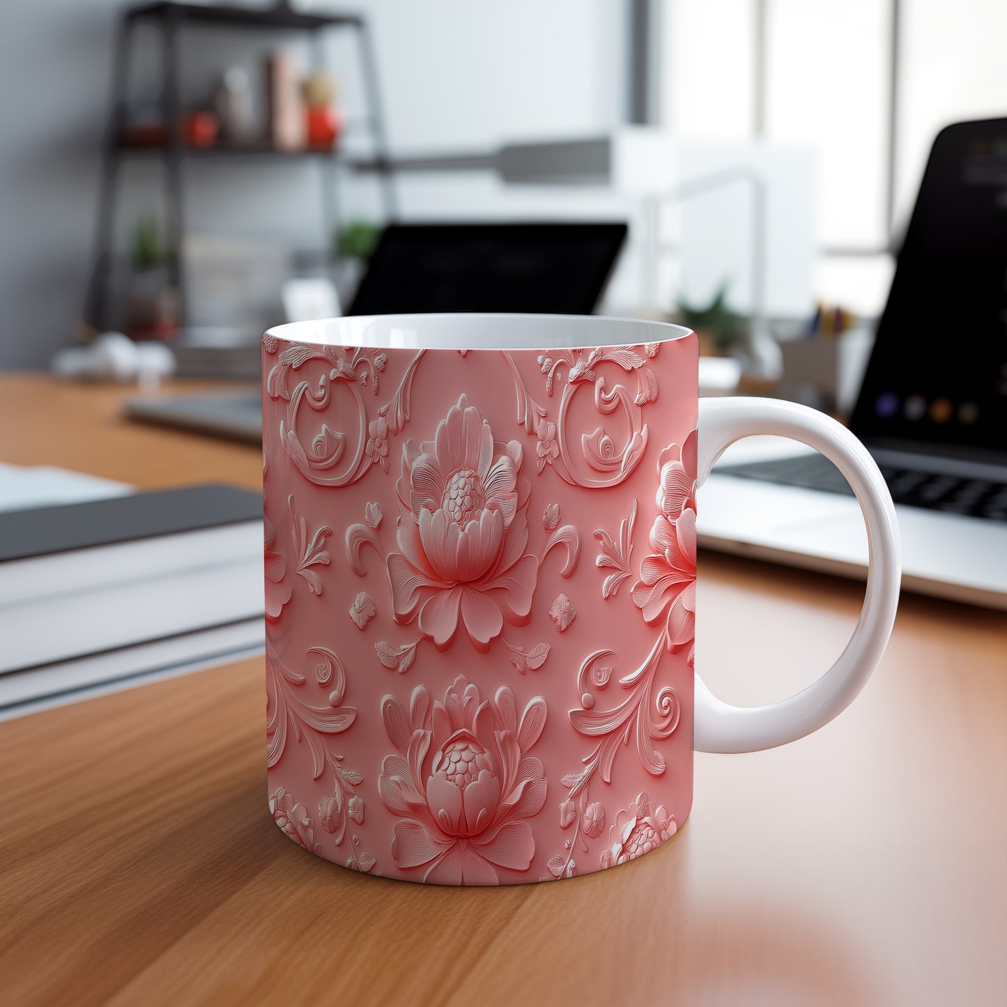 Hrnek s elegantním květinovým vzorem v pastelových tónech – 3D efektem