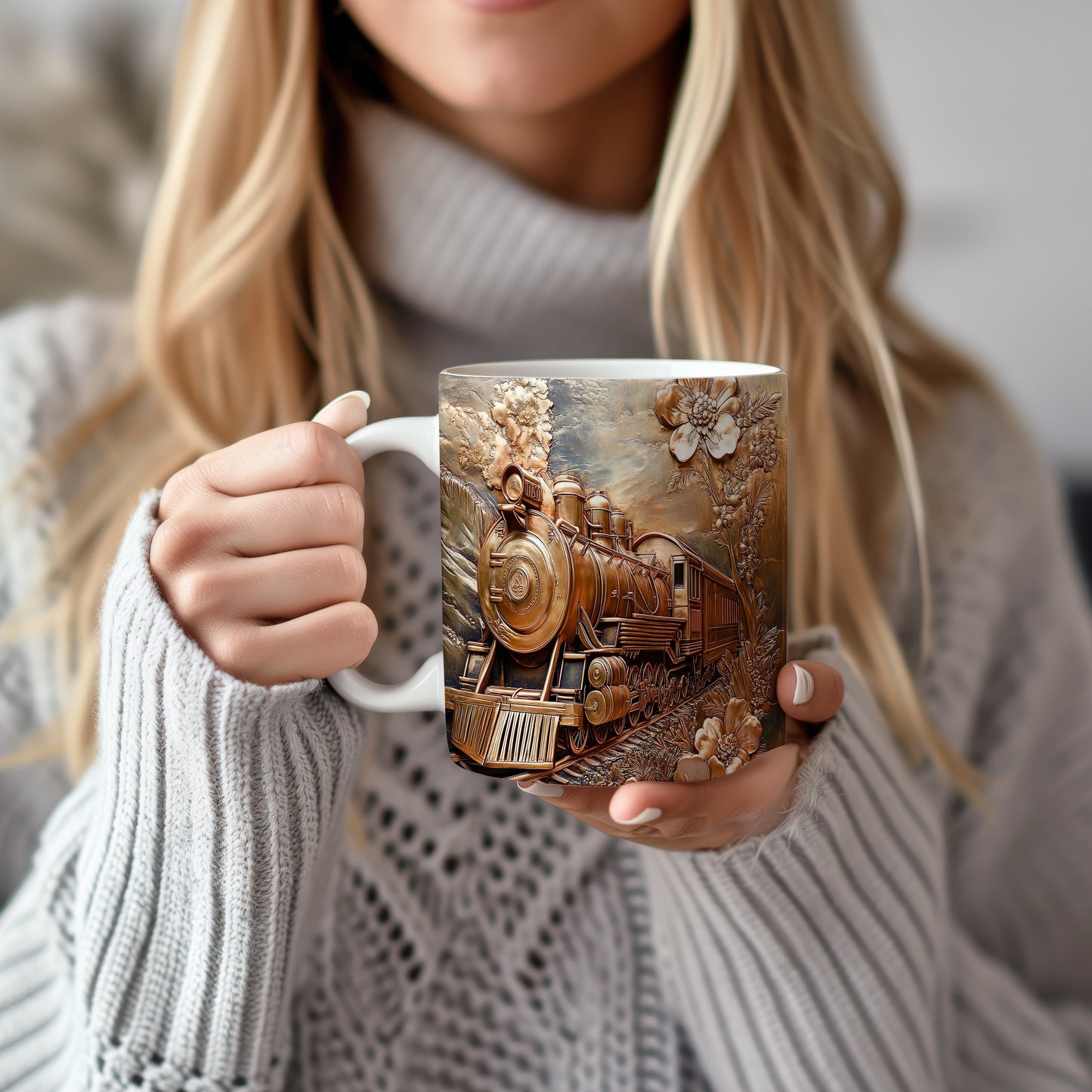 Hrnek s motivem krásného vlaku v přírodě