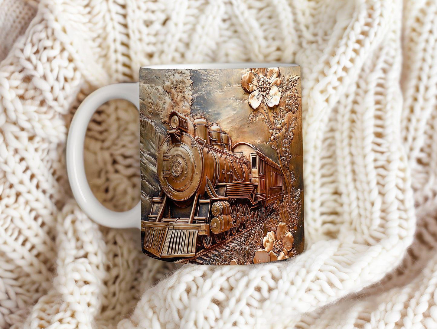 Hrnek s motivem krásného vlaku v přírodě