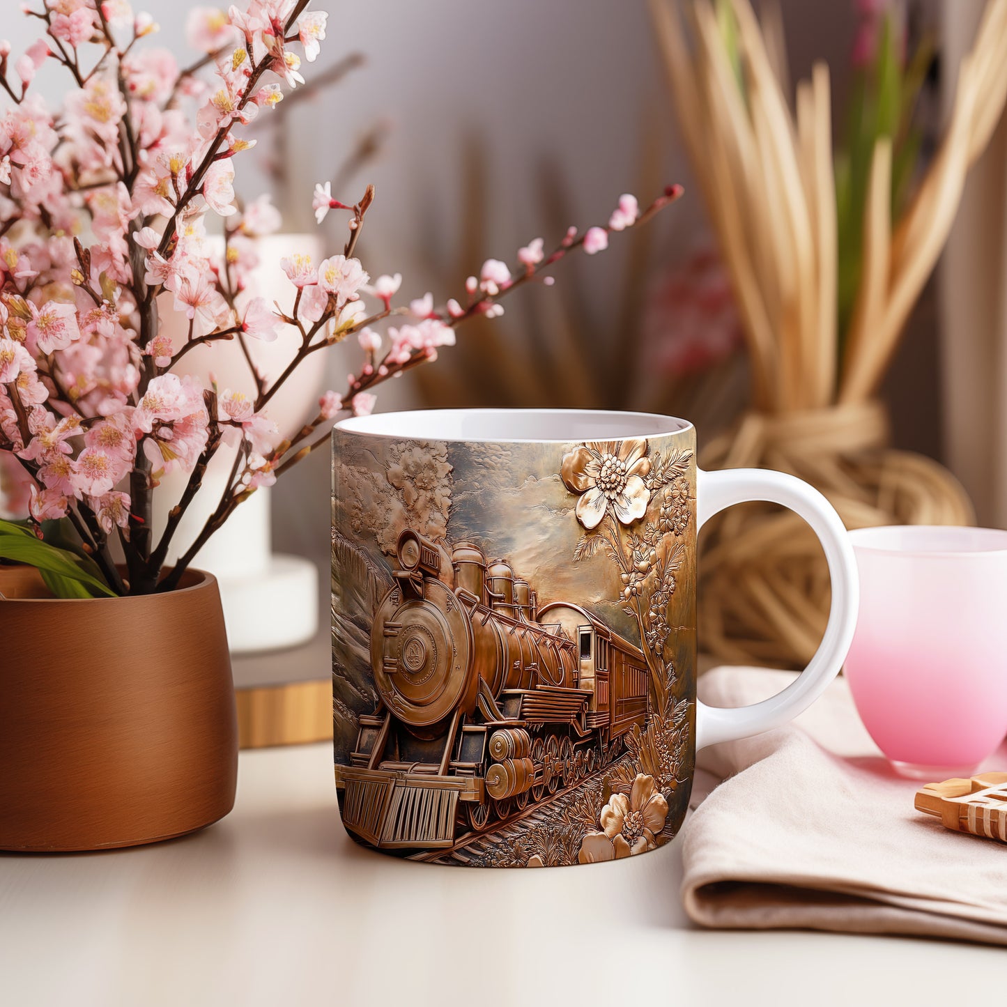 Hrnek s motivem krásného vlaku v přírodě