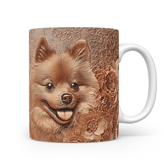 Hrnek s roztomilým pomeranianem a květinovým pozadím