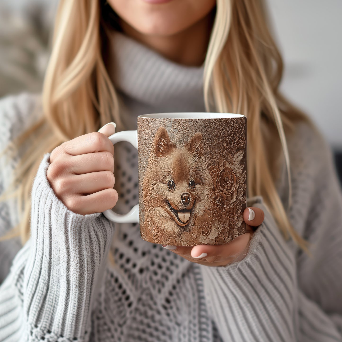 Hrnek s roztomilým pomeranianem a květinovým pozadím