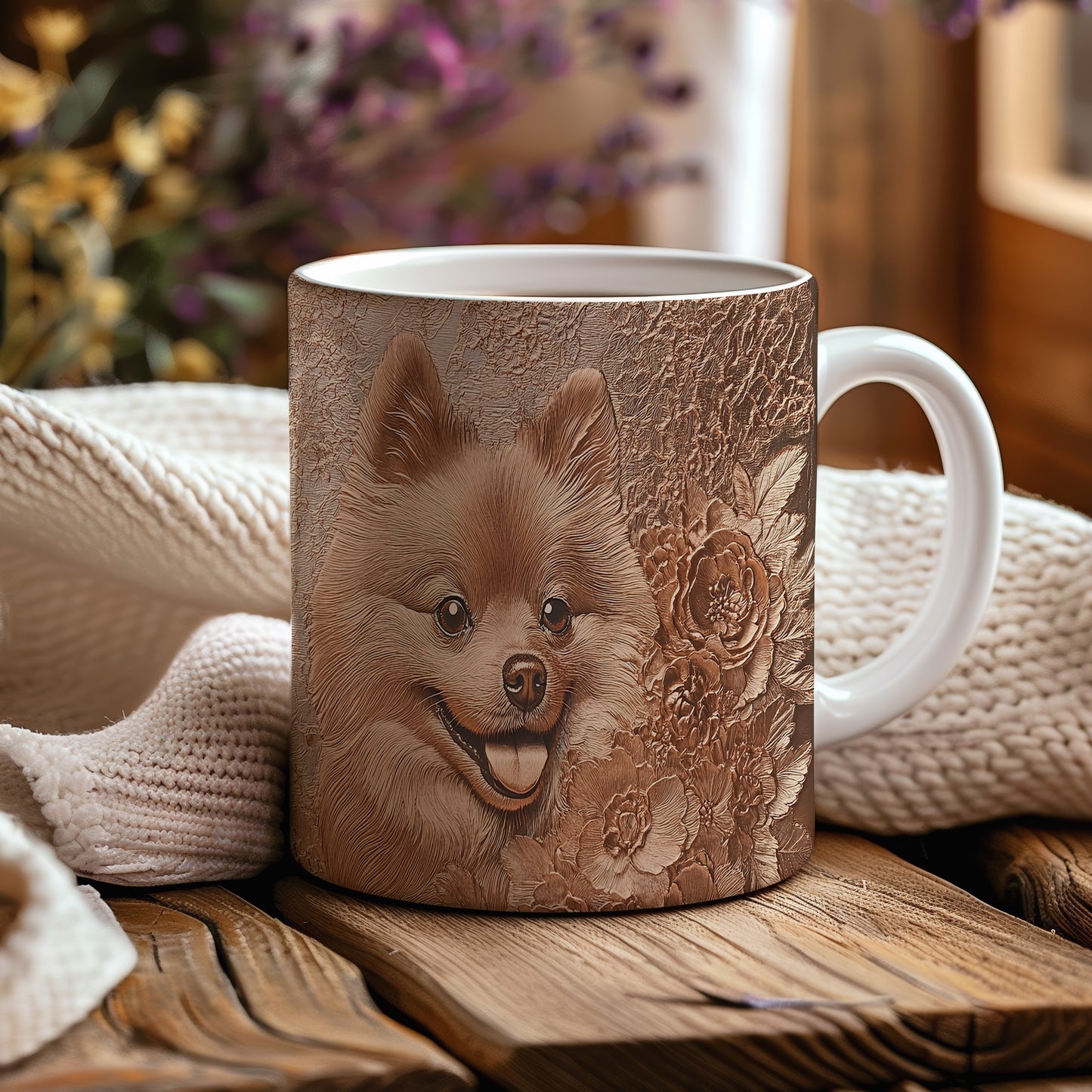 Hrnek s roztomilým pomeranianem a květinovým pozadím
