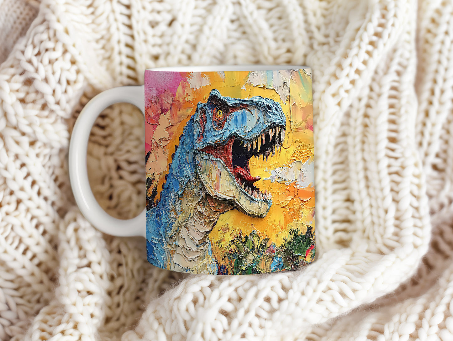 Hrnek s dinosaury v barevném motivu
