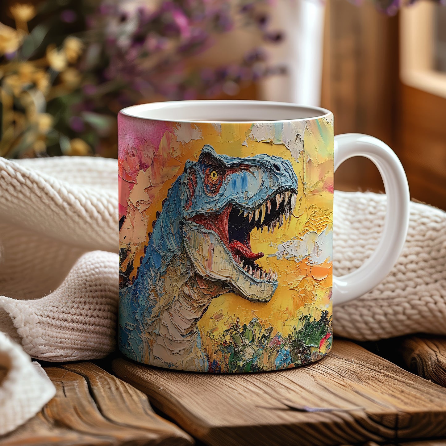 Hrnek s dinosaury v barevném motivu