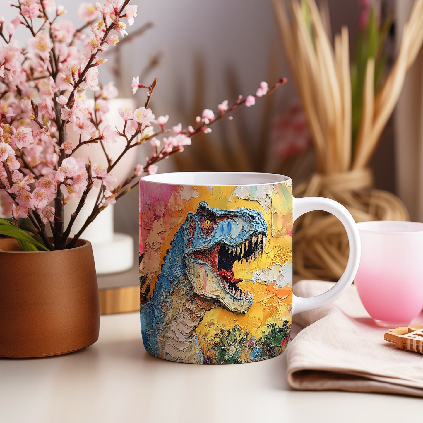 Hrnek s dinosaury v barevném motivu