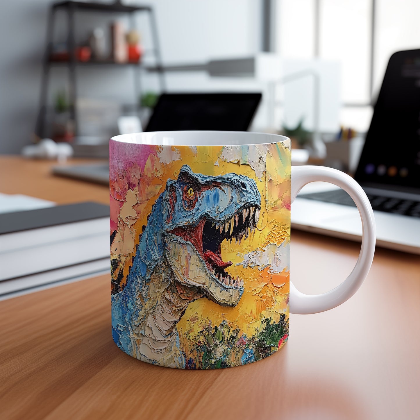 Hrnek s dinosaury v barevném motivu