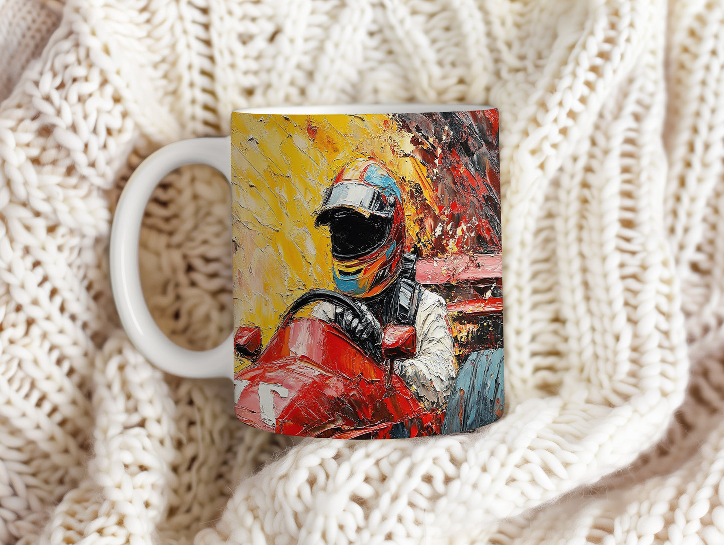 Hrnek s motokárou a závodníkem