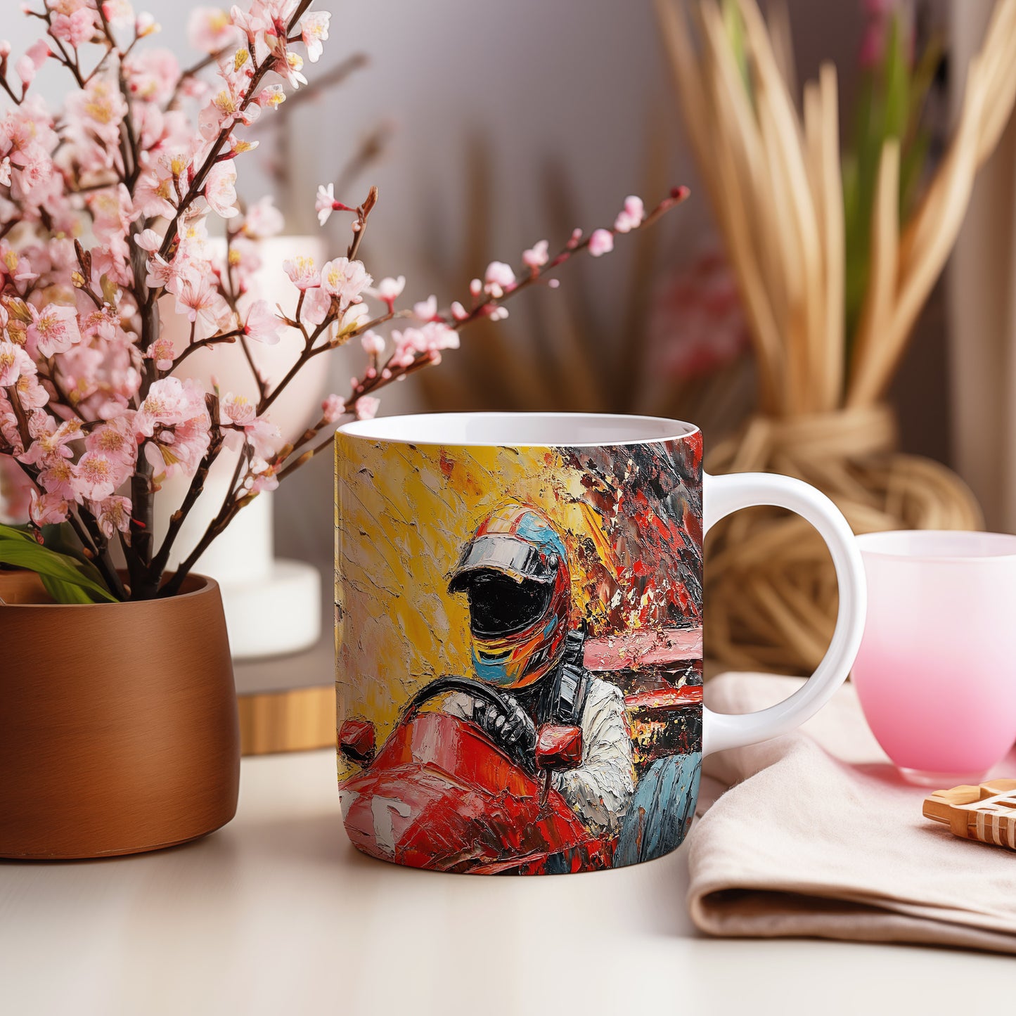 Hrnek s motokárou a závodníkem