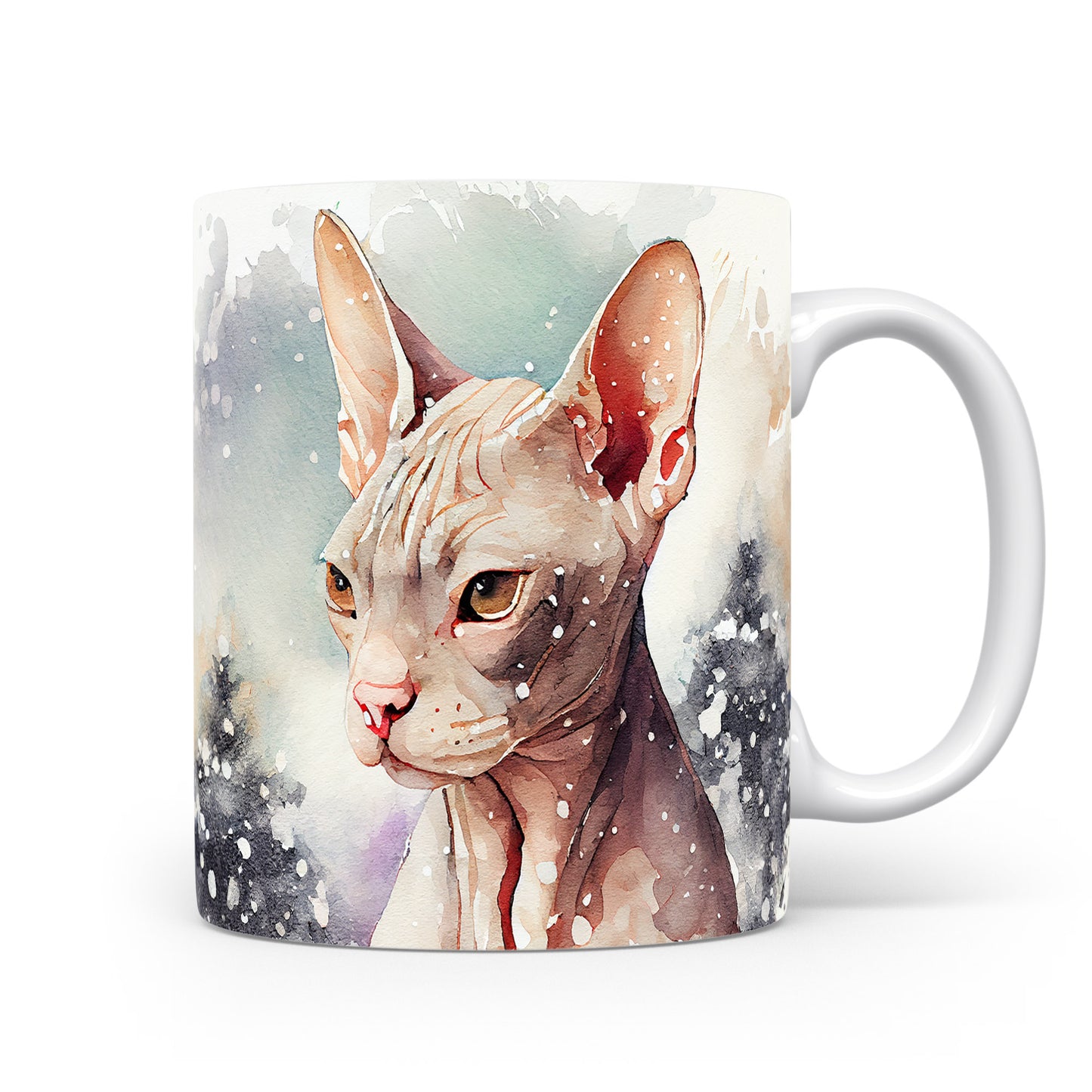 Hrnek se sphynxem v zimní krajině