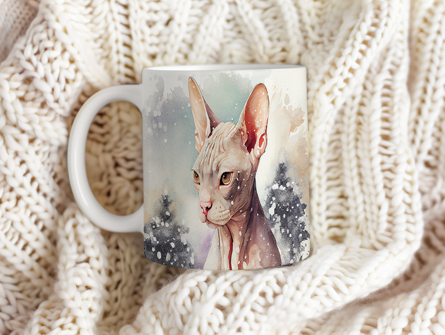 Hrnek se sphynxem v zimní krajině