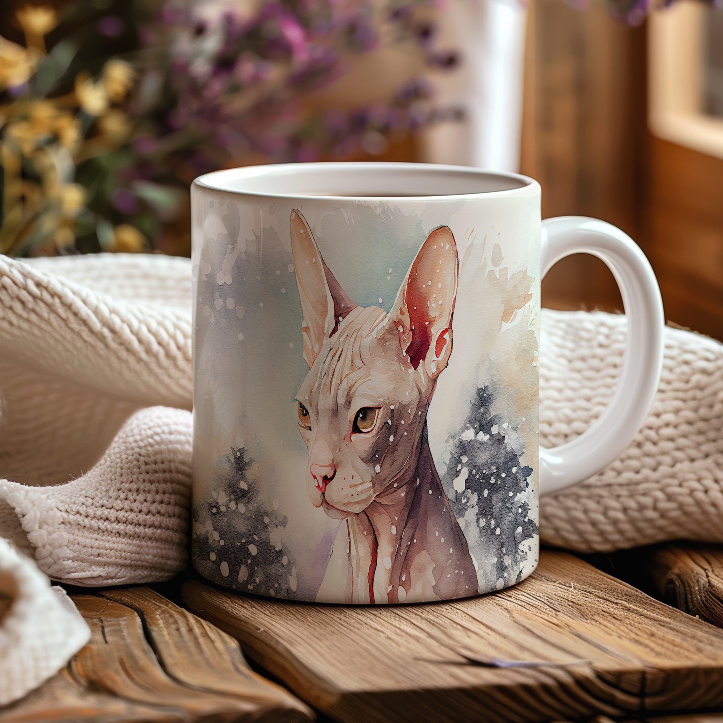 Hrnek se sphynxem v zimní krajině