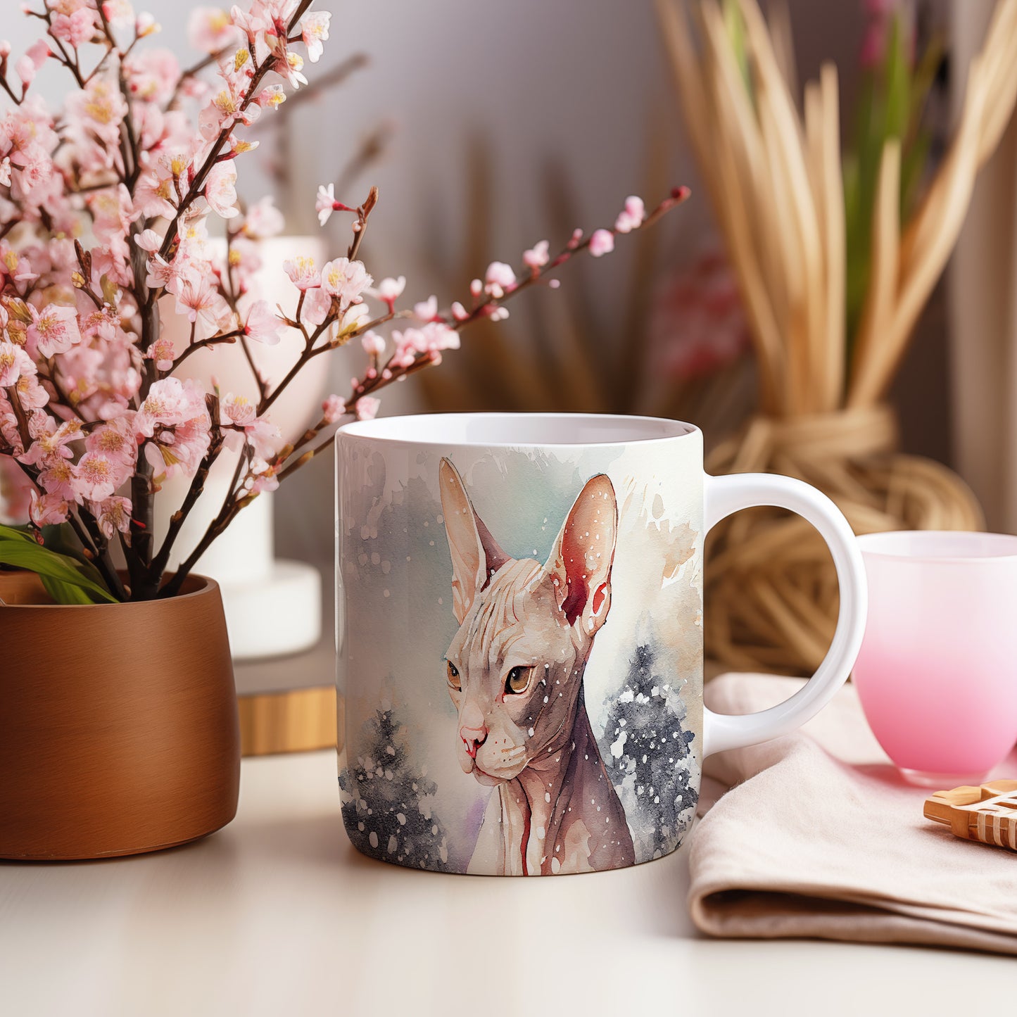 Hrnek se sphynxem v zimní krajině