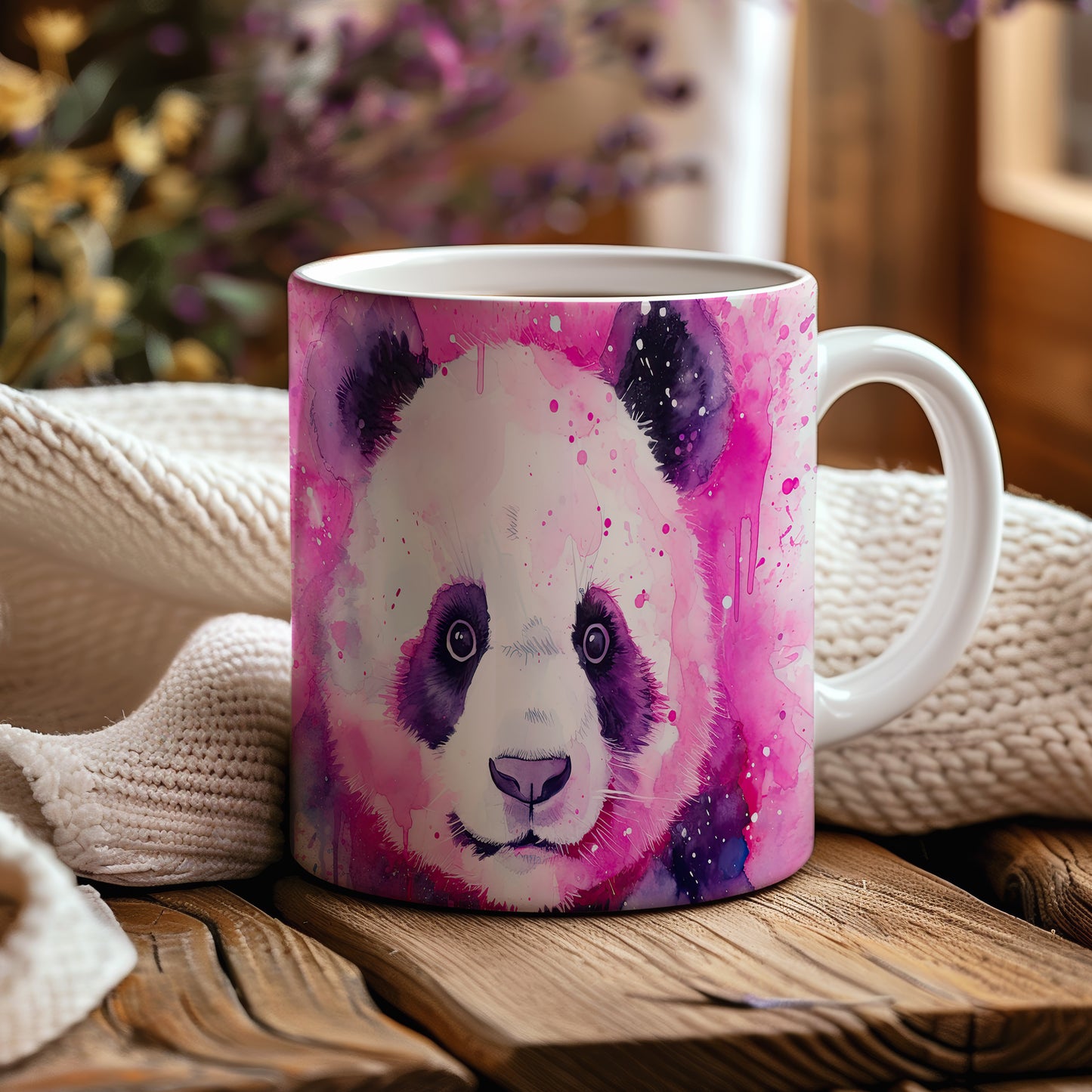 Hrnek s portrétem pandy na růžovém pozadí