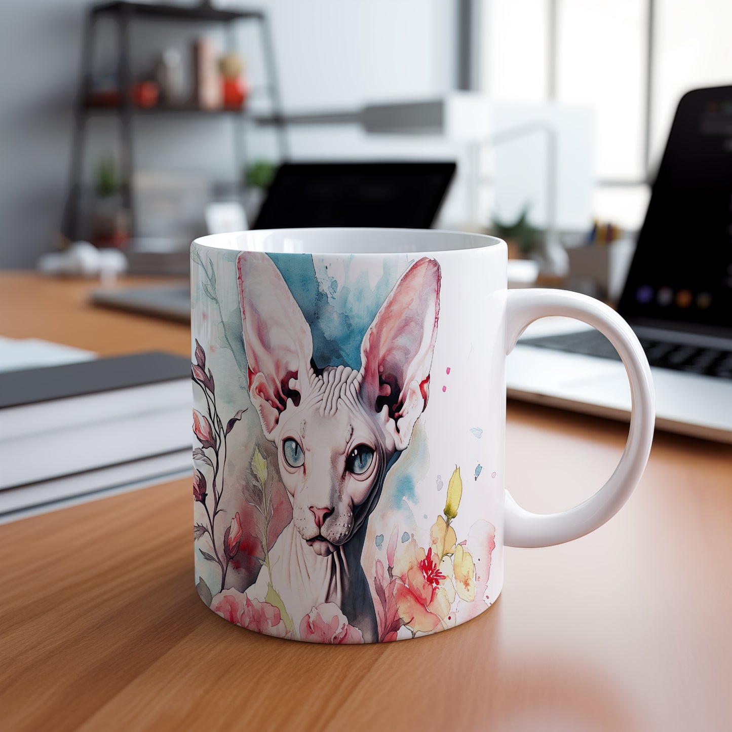 Hrnek se sphynxem a květinovým motivem