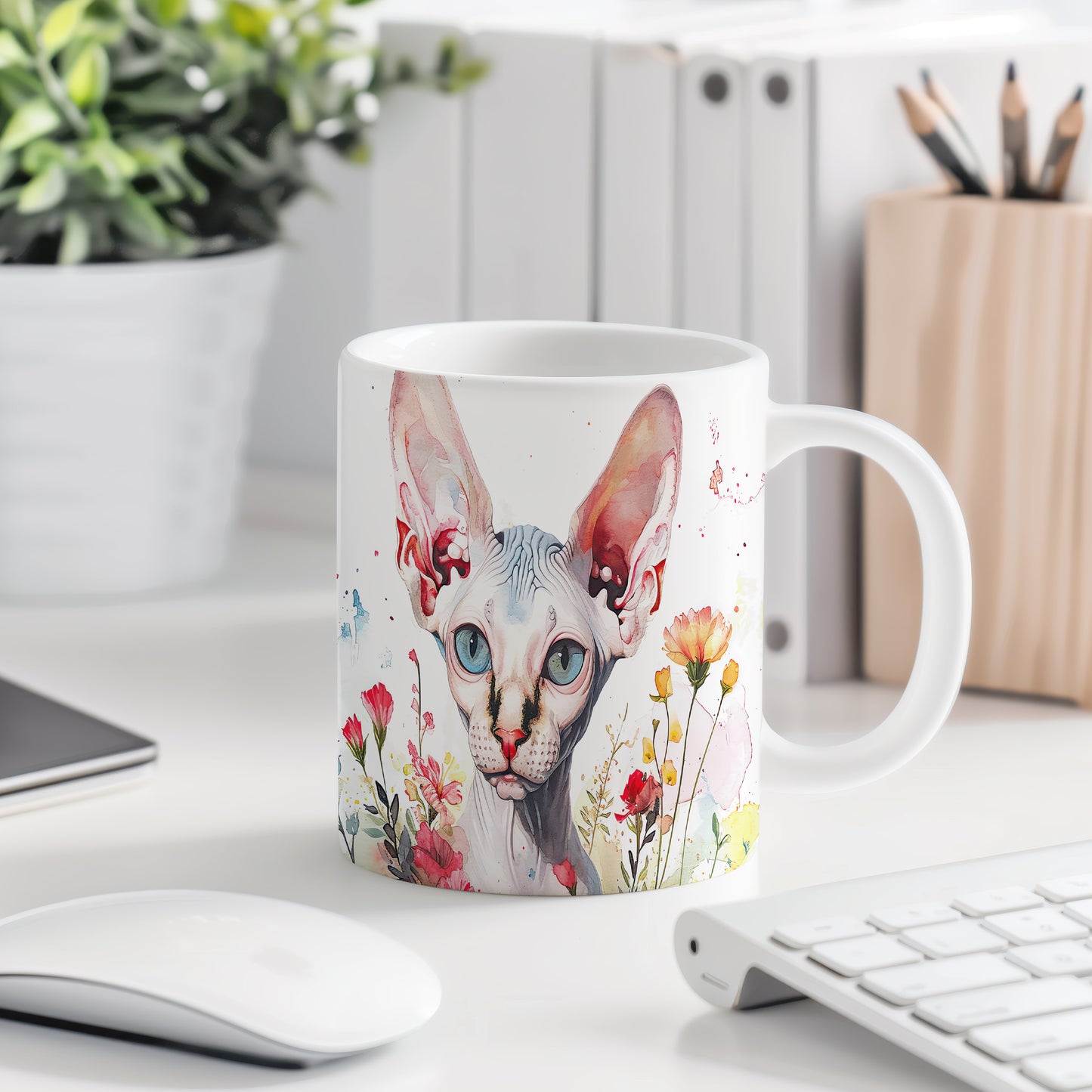 Hrnek se sphynxem a květinami