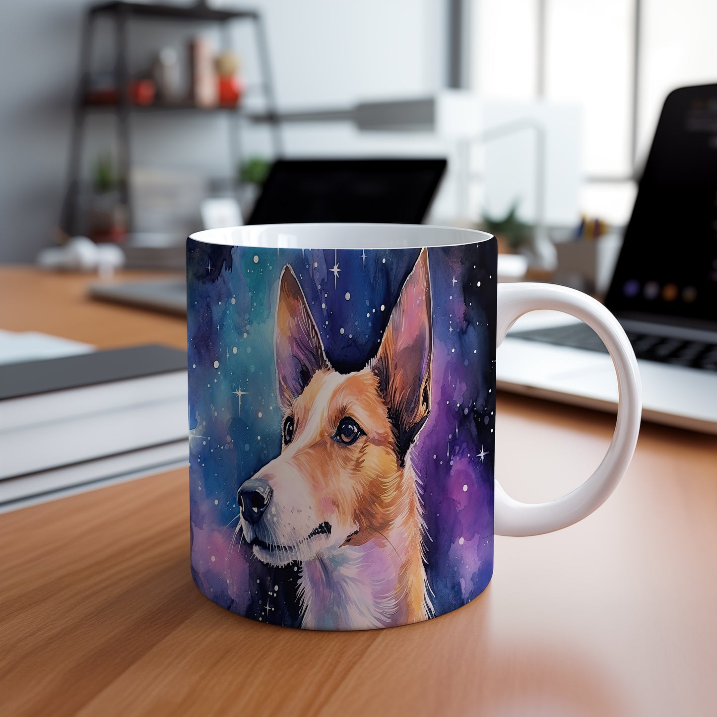 Hrnek s ilustrací psa v galaxii – kosmickým motivem