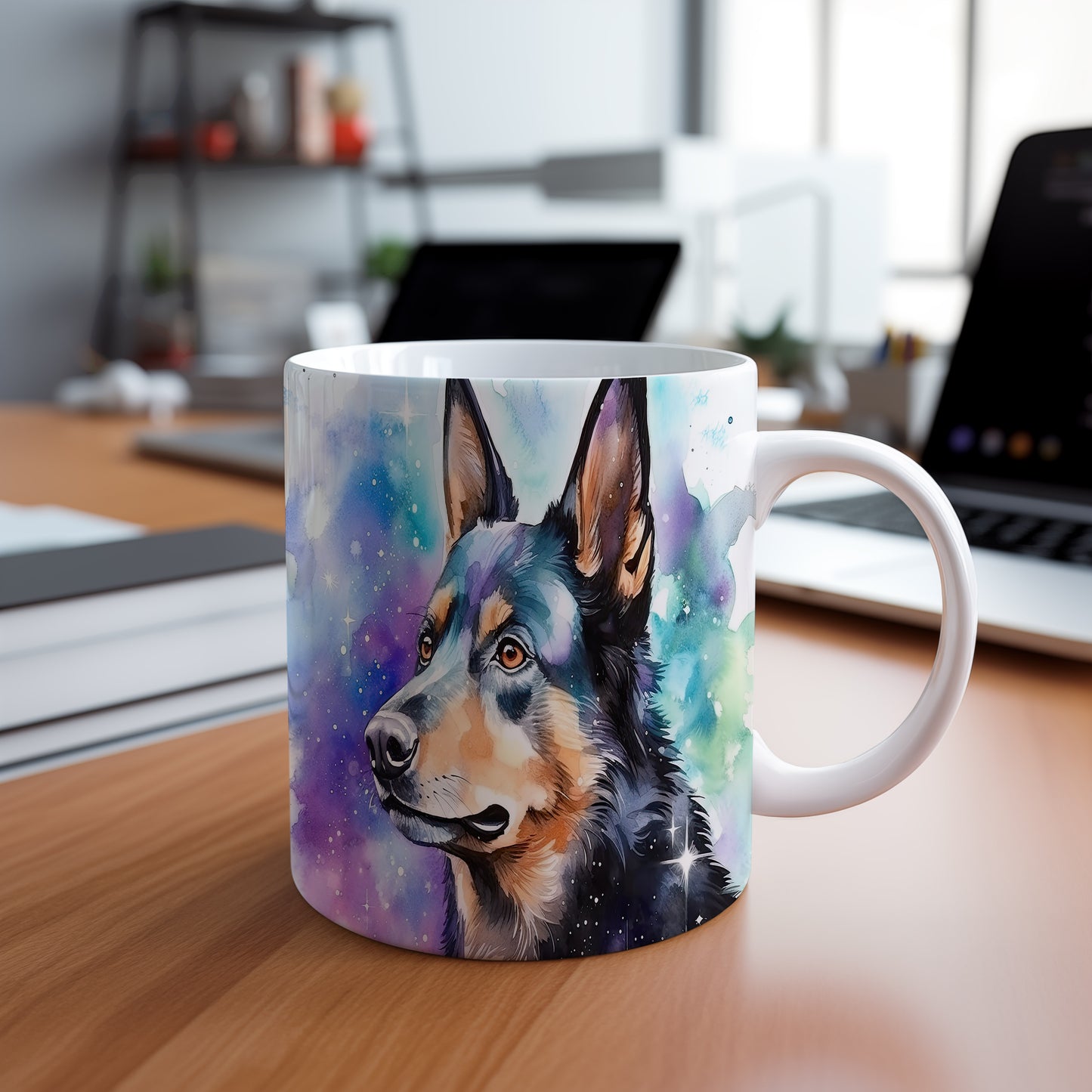 Hrnek s ovčákem v galaktickém stylu - kouzelný design