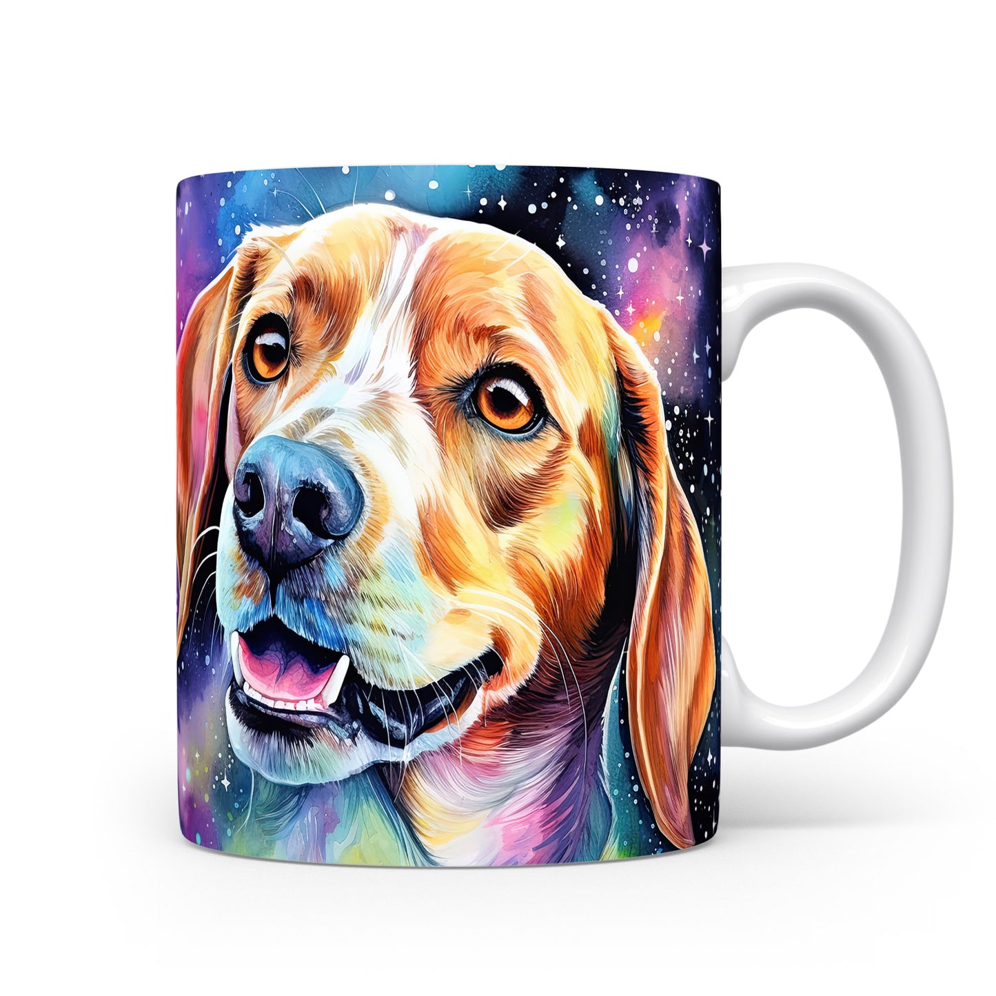 Hrnek s roztomilým beagle psem v kosmickém pozadí
