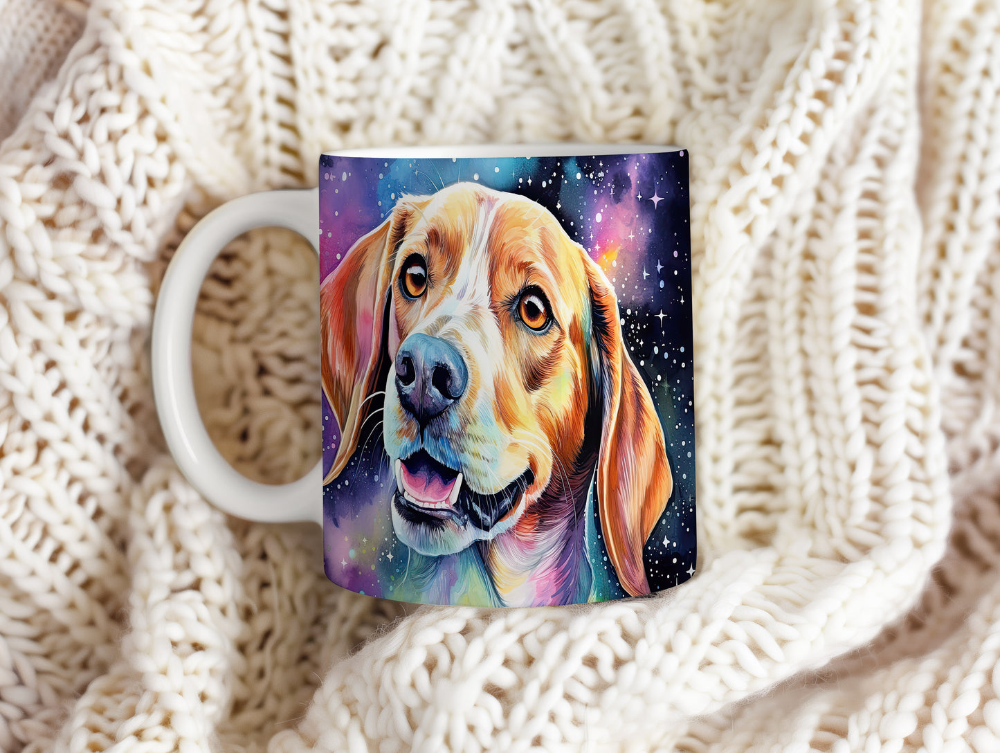 Hrnek s roztomilým beagle psem v kosmickém pozadí