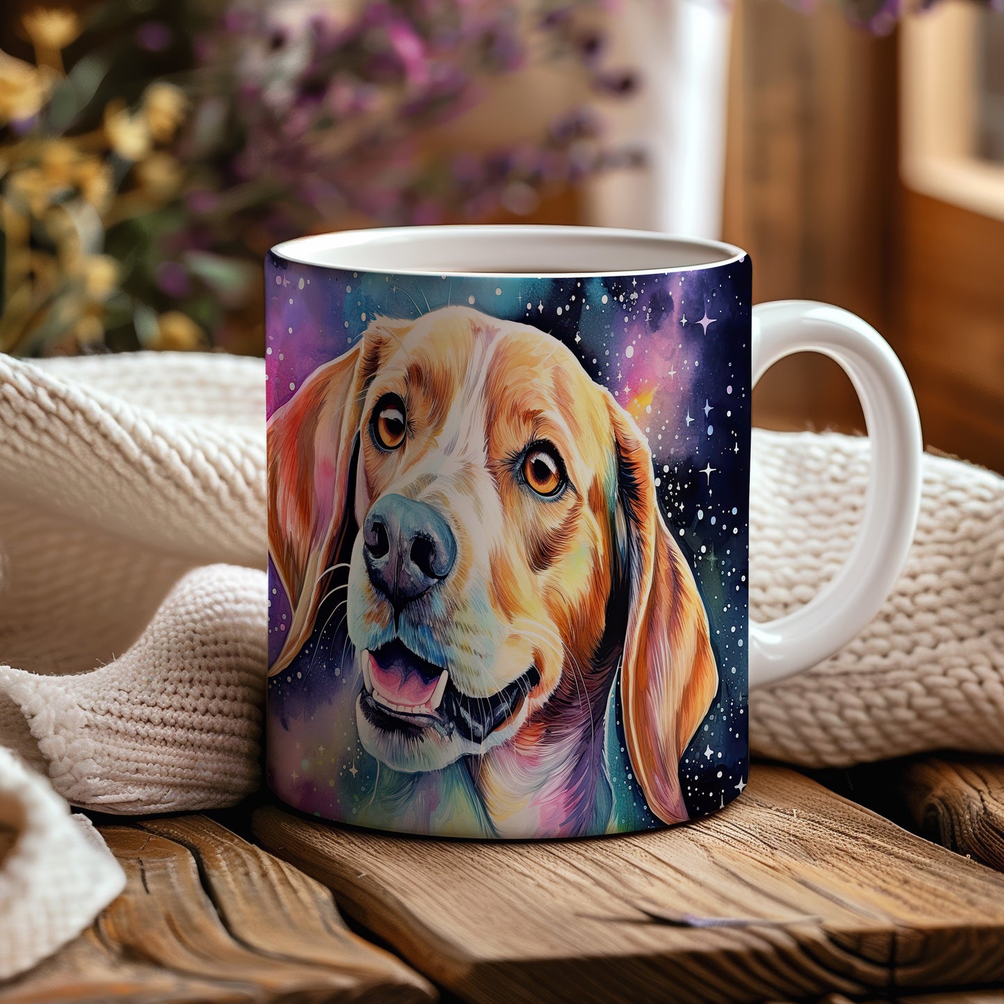 Hrnek s roztomilým beagle psem v kosmickém pozadí