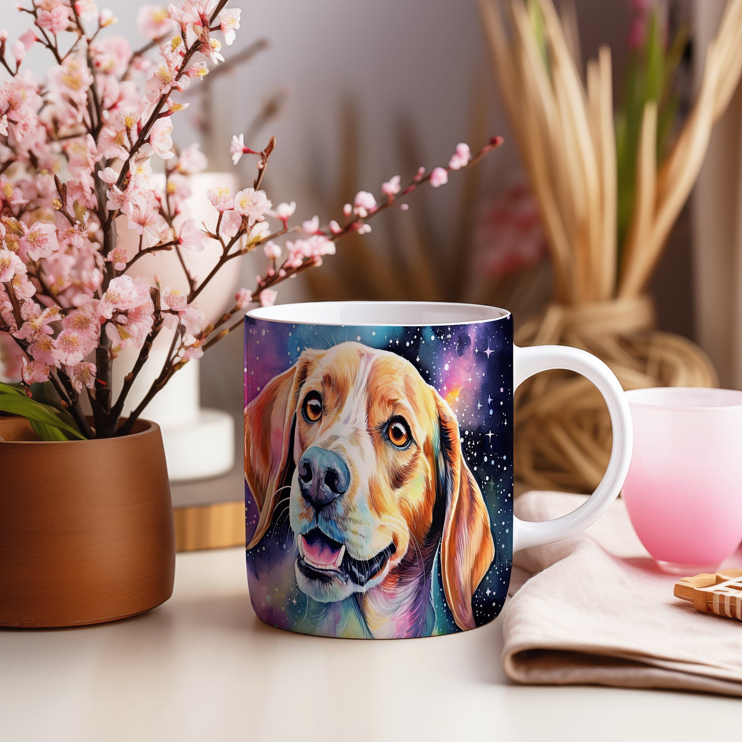 Hrnek s roztomilým beagle psem v kosmickém pozadí