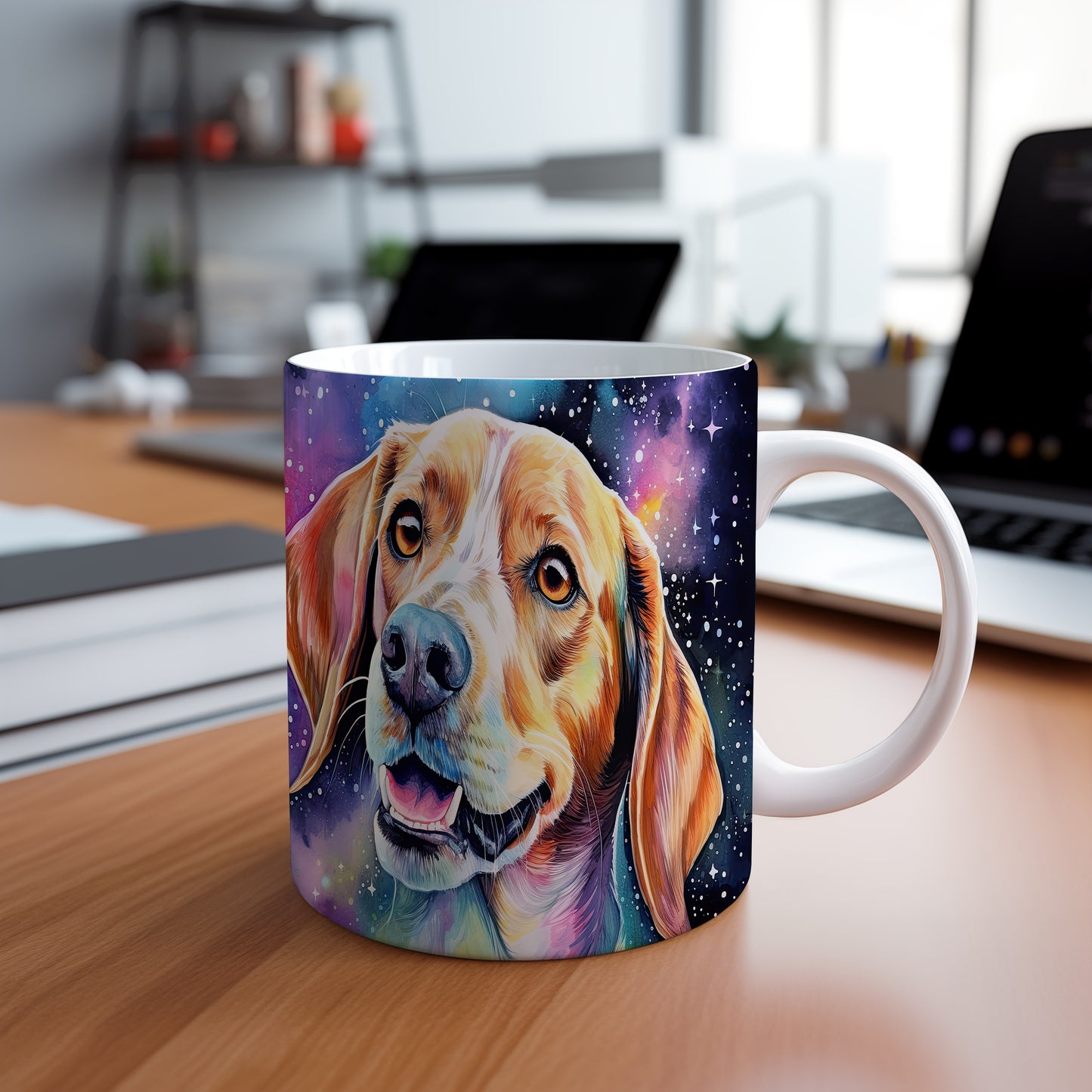 Hrnek s roztomilým beagle psem v kosmickém pozadí
