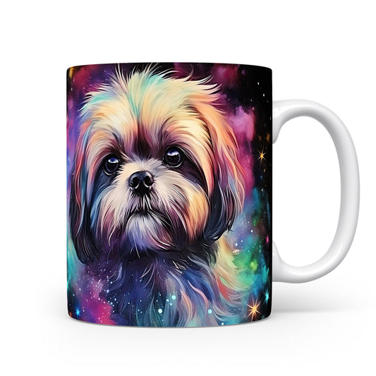 Hrnek s barevným shihtzu na galaktickém pozadí