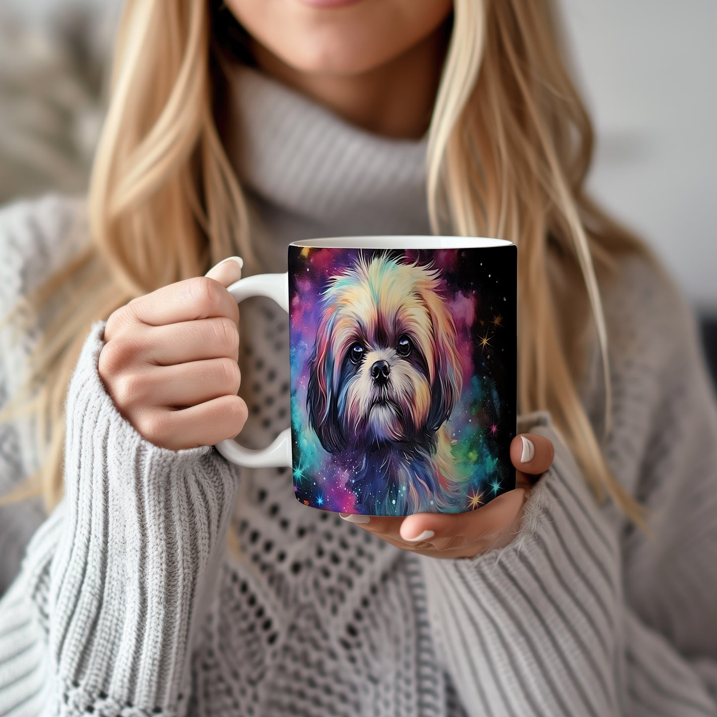 Hrnek s barevným shihtzu na galaktickém pozadí