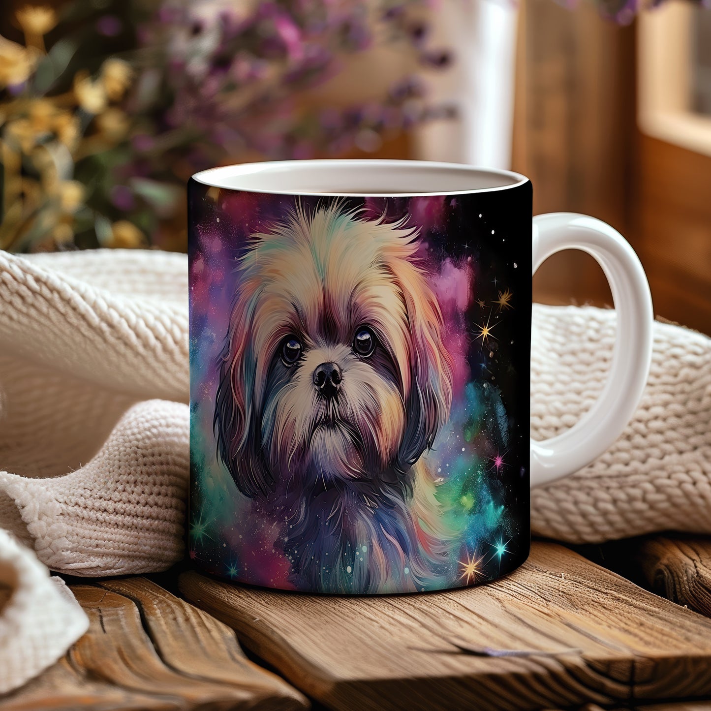 Hrnek s barevným shihtzu na galaktickém pozadí