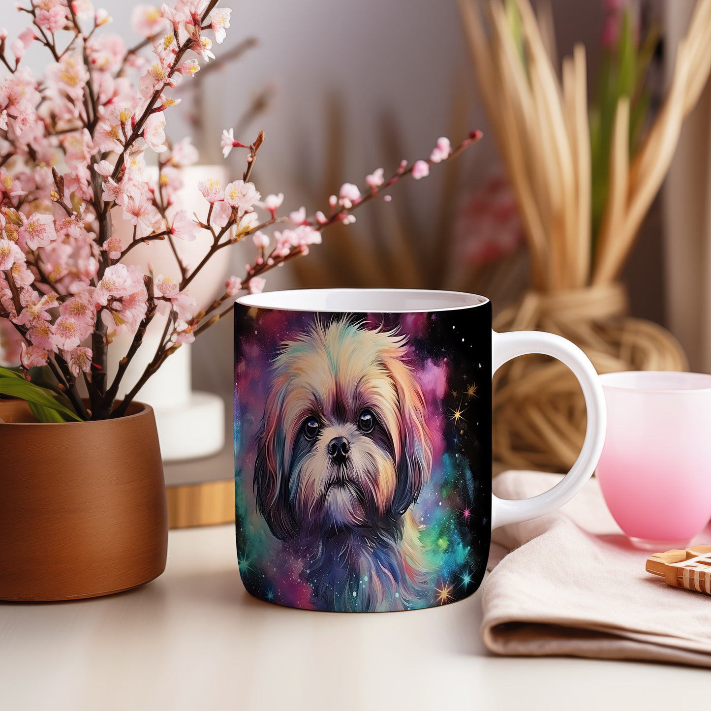 Hrnek s barevným shihtzu na galaktickém pozadí
